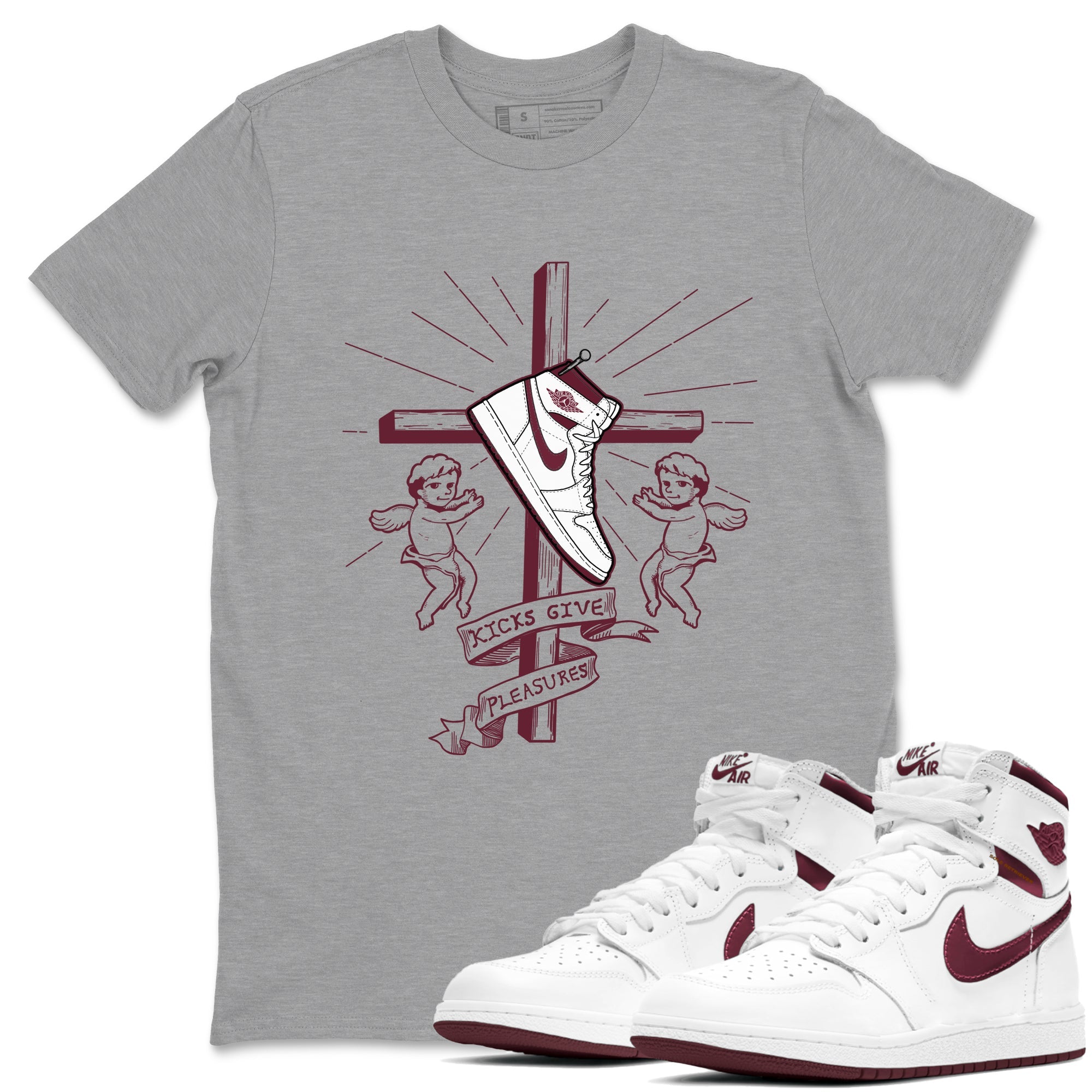 AJ1 High '85 Metallic Burgundy shirts to match jordans Kicks Give You Pleasures sneaker match tees 1s High '85 Metallic Burgundy Drip Gear Zone streetwear brand Heather Grey 1 unisex cotton tee