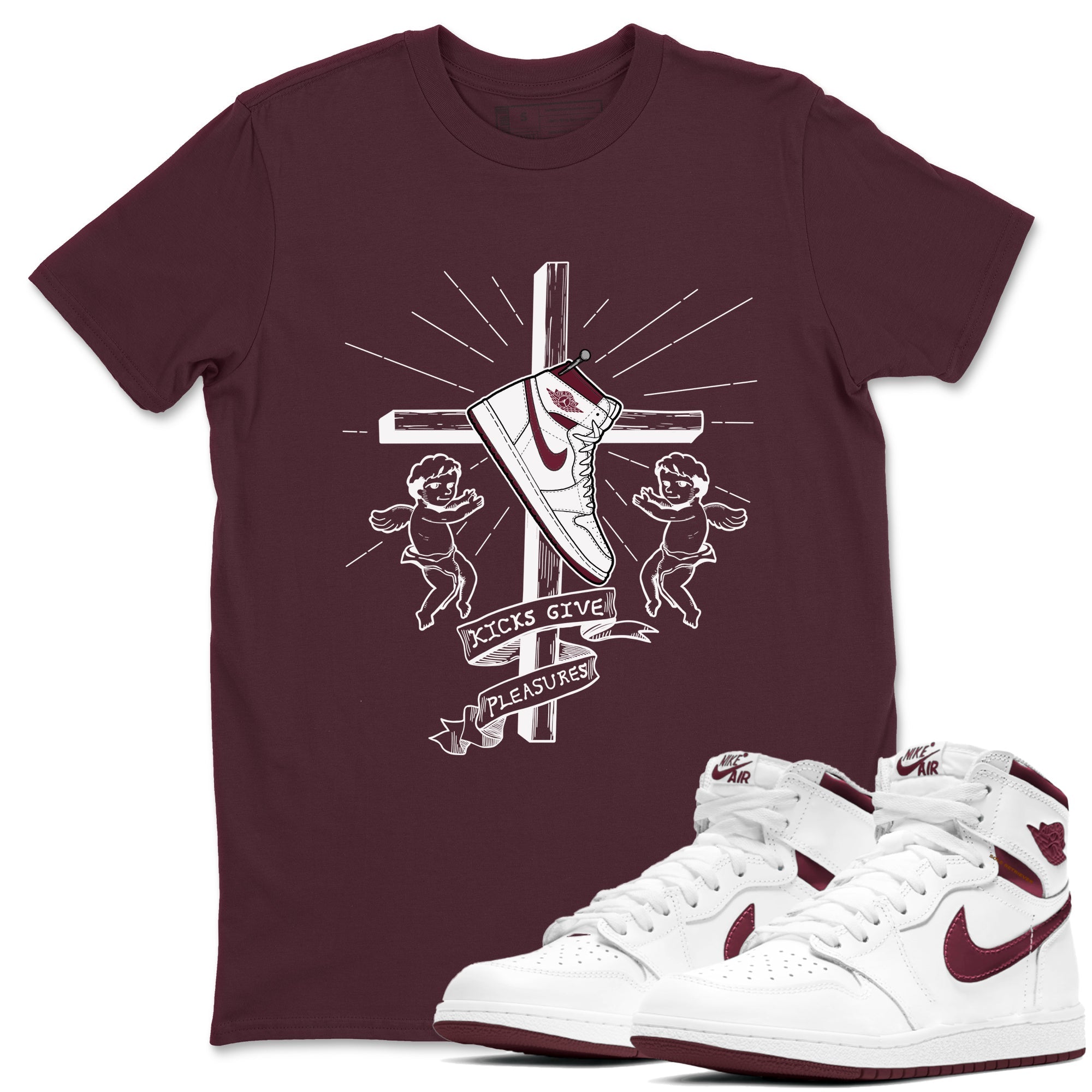 AJ1 High '85 Metallic Burgundy shirts to match jordans Kicks Give You Pleasures sneaker match tees 1s High '85 Metallic Burgundy Drip Gear Zone streetwear brand Maroon 1 unisex cotton tee