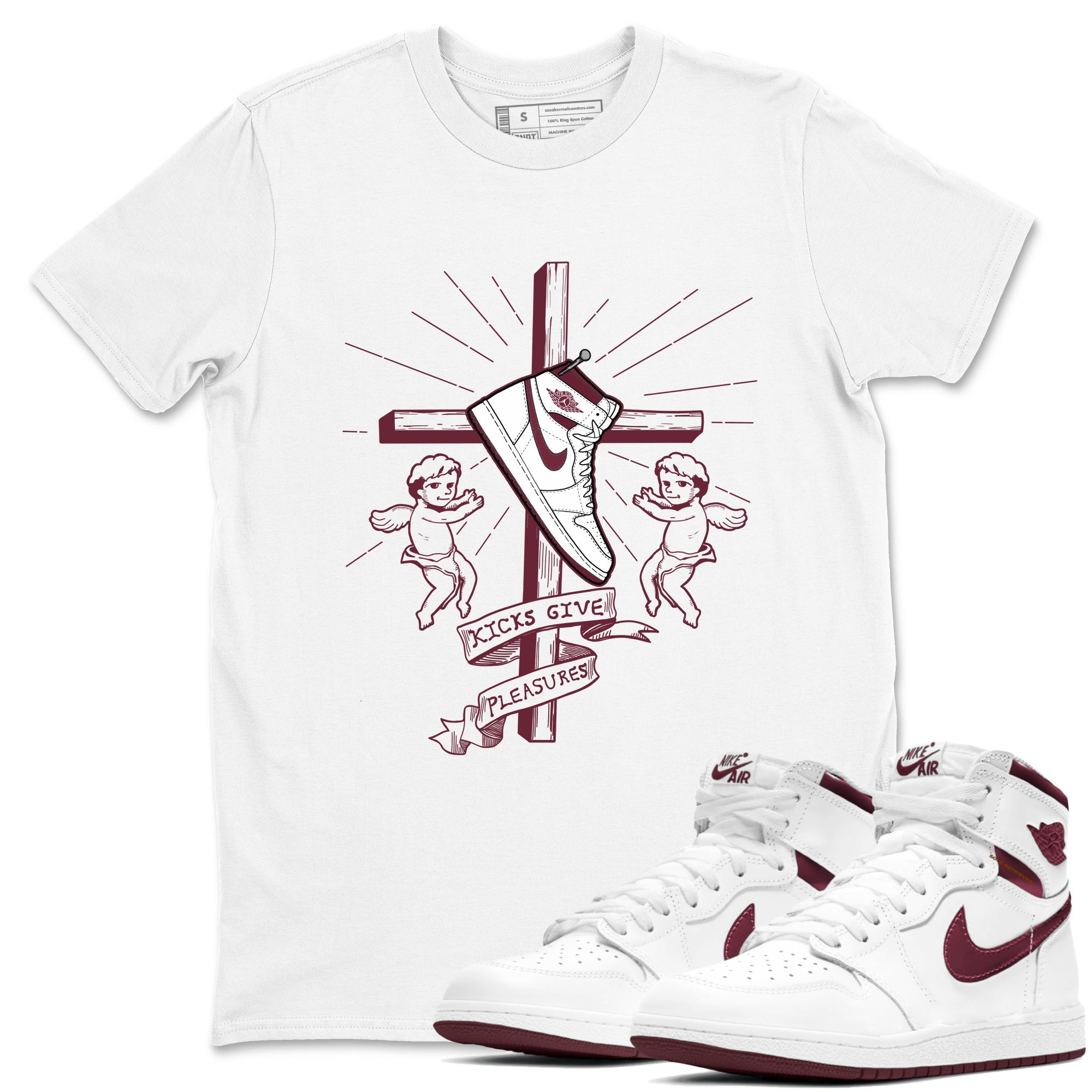 AJ1 High '85 Metallic Burgundy shirts to match jordans Kicks Give You Pleasures sneaker match tees 1s High '85 Metallic Burgundy Drip Gear Zone streetwear brand White 1 unisex cotton tee