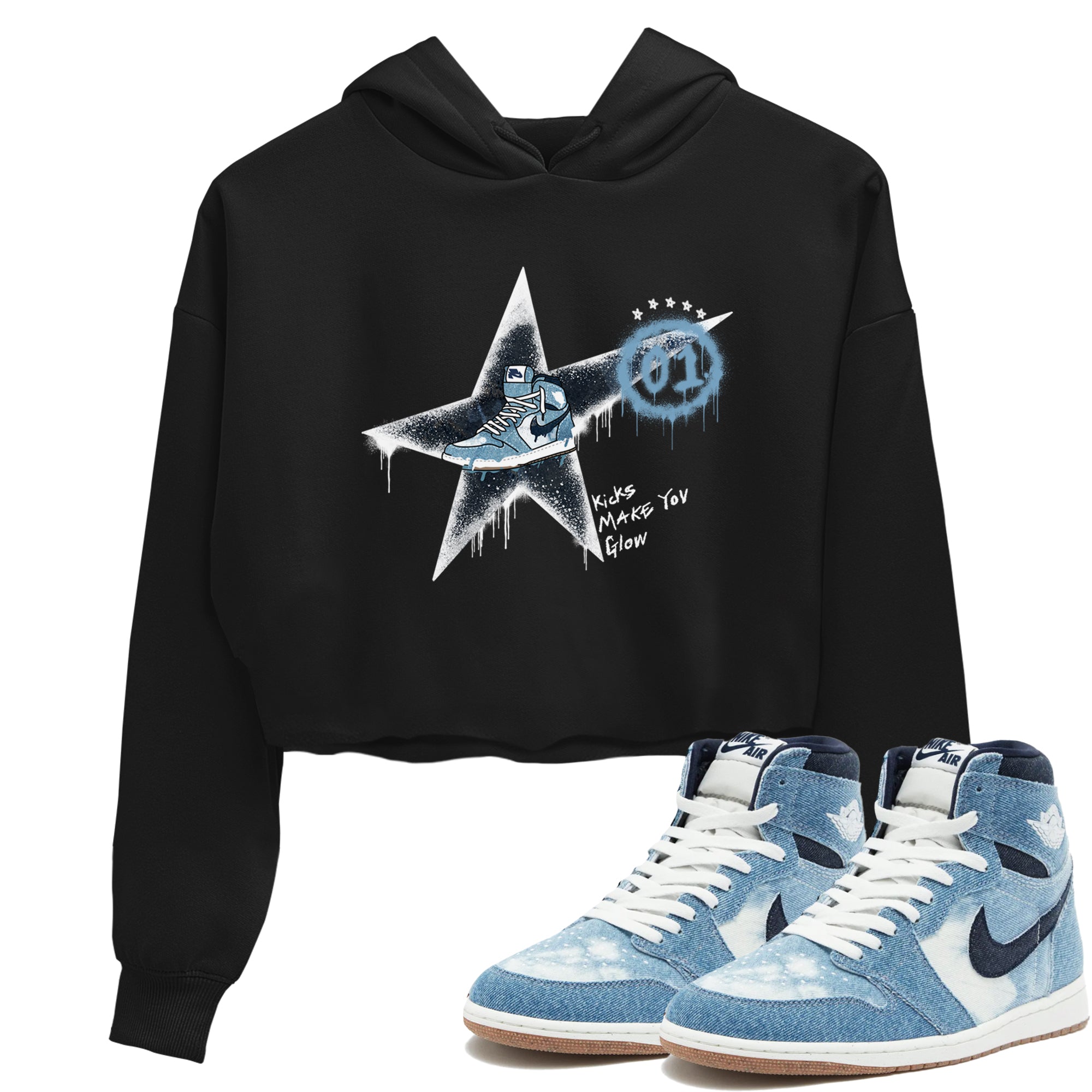 1s Denim shirts to match jordans Kicks Make You Glow sneaker match tees Air Jordan 1 Denim Drip Gear Zone streetwear brand Black 1 crop tee