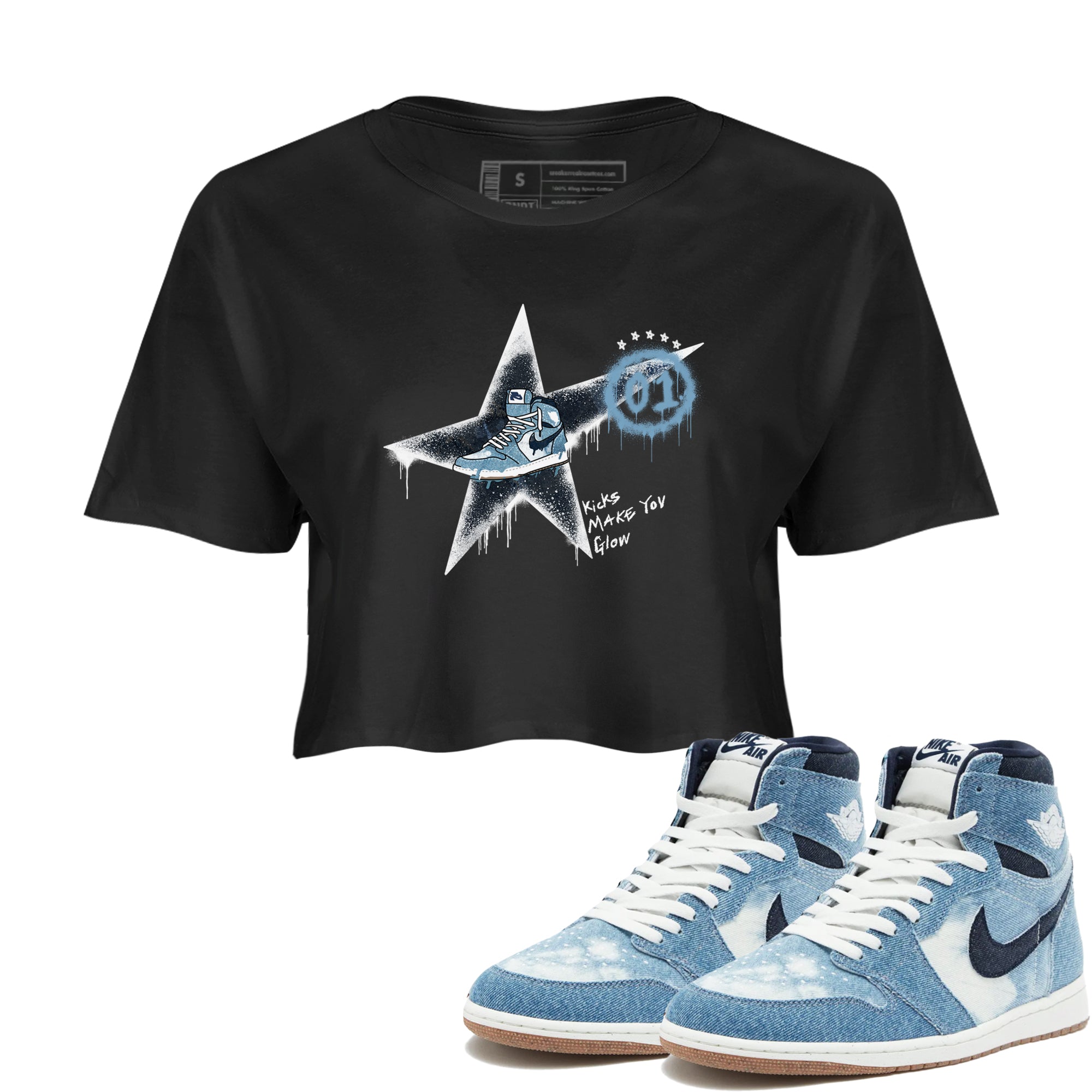 1s Denim shirts to match jordans Kicks Make You Glow sneaker match tees Air Jordan 1 Denim Drip Gear Zone streetwear brand Black 1 crop tee