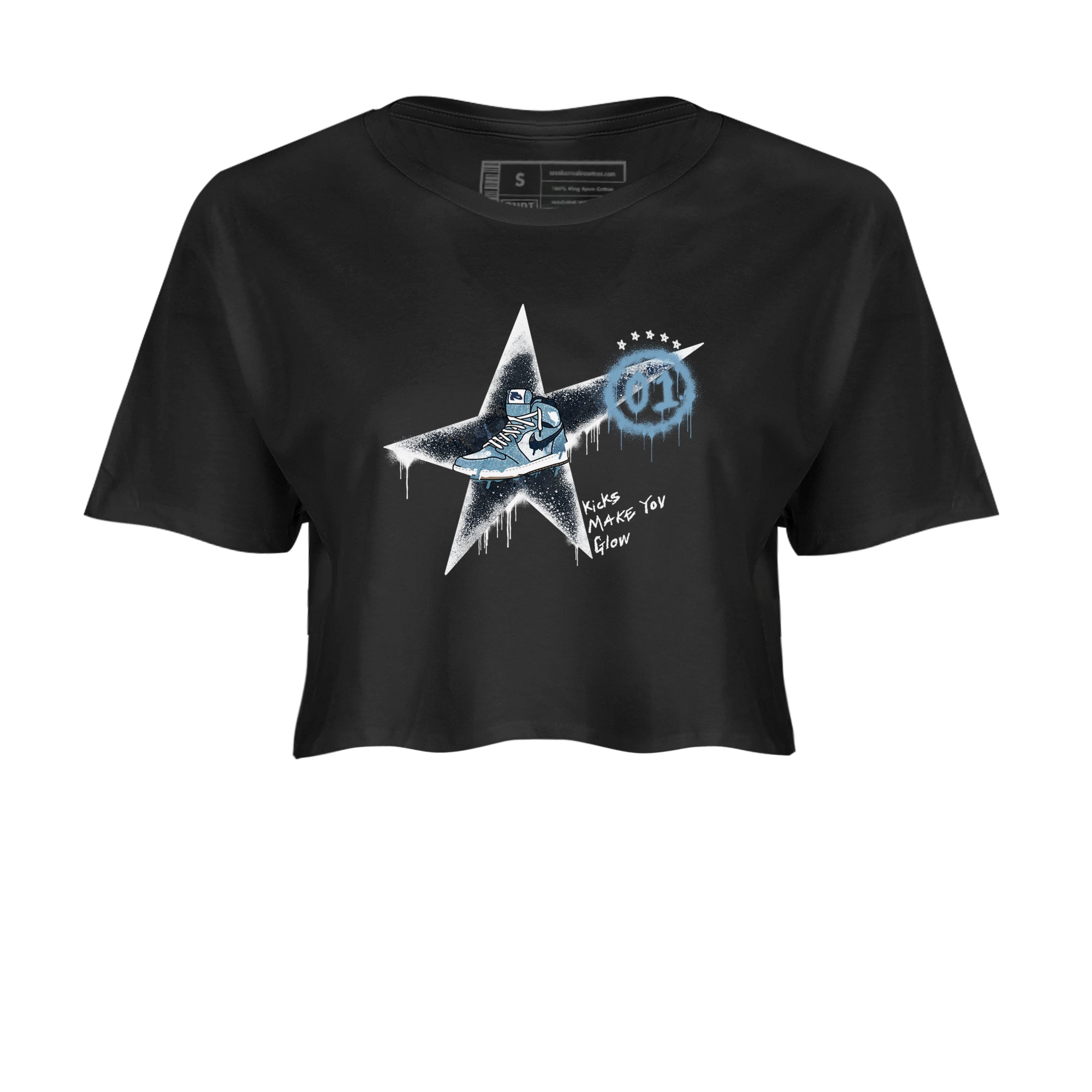 1s Denim shirts to match jordans Kicks Make You Glow sneaker match tees Air Jordan 1 Denim Drip Gear Zone streetwear brand Black 2 crop tee