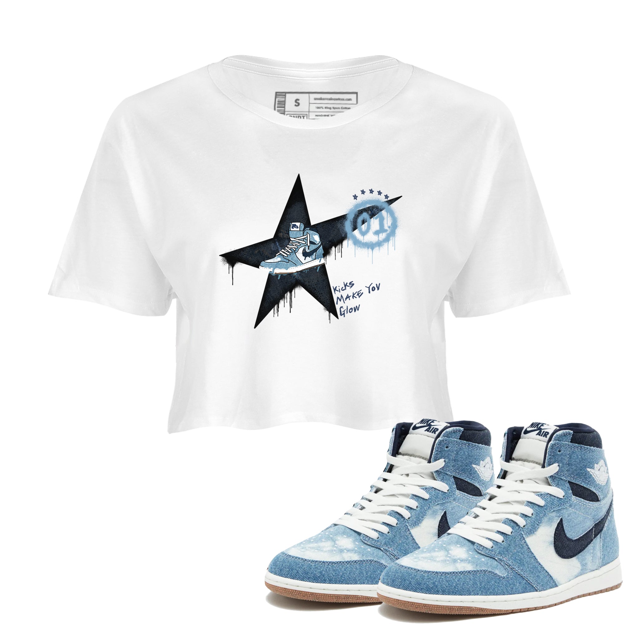 1s Denim shirts to match jordans Kicks Make You Glow sneaker match tees Air Jordan 1 Denim Drip Gear Zone streetwear brand White 1 crop tee