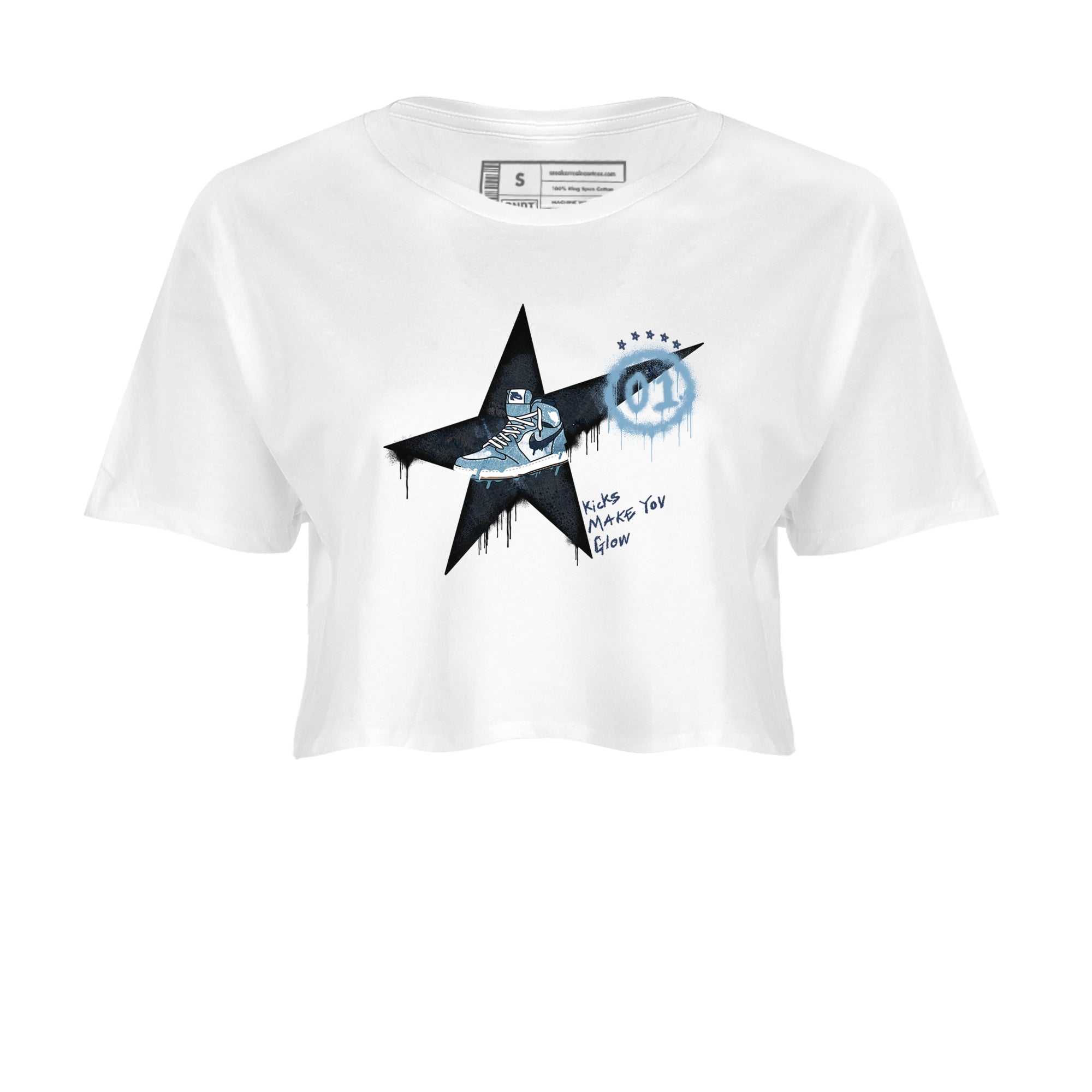1s Denim shirts to match jordans Kicks Make You Glow sneaker match tees Air Jordan 1 Denim Drip Gear Zone streetwear brand White 2 crop tee