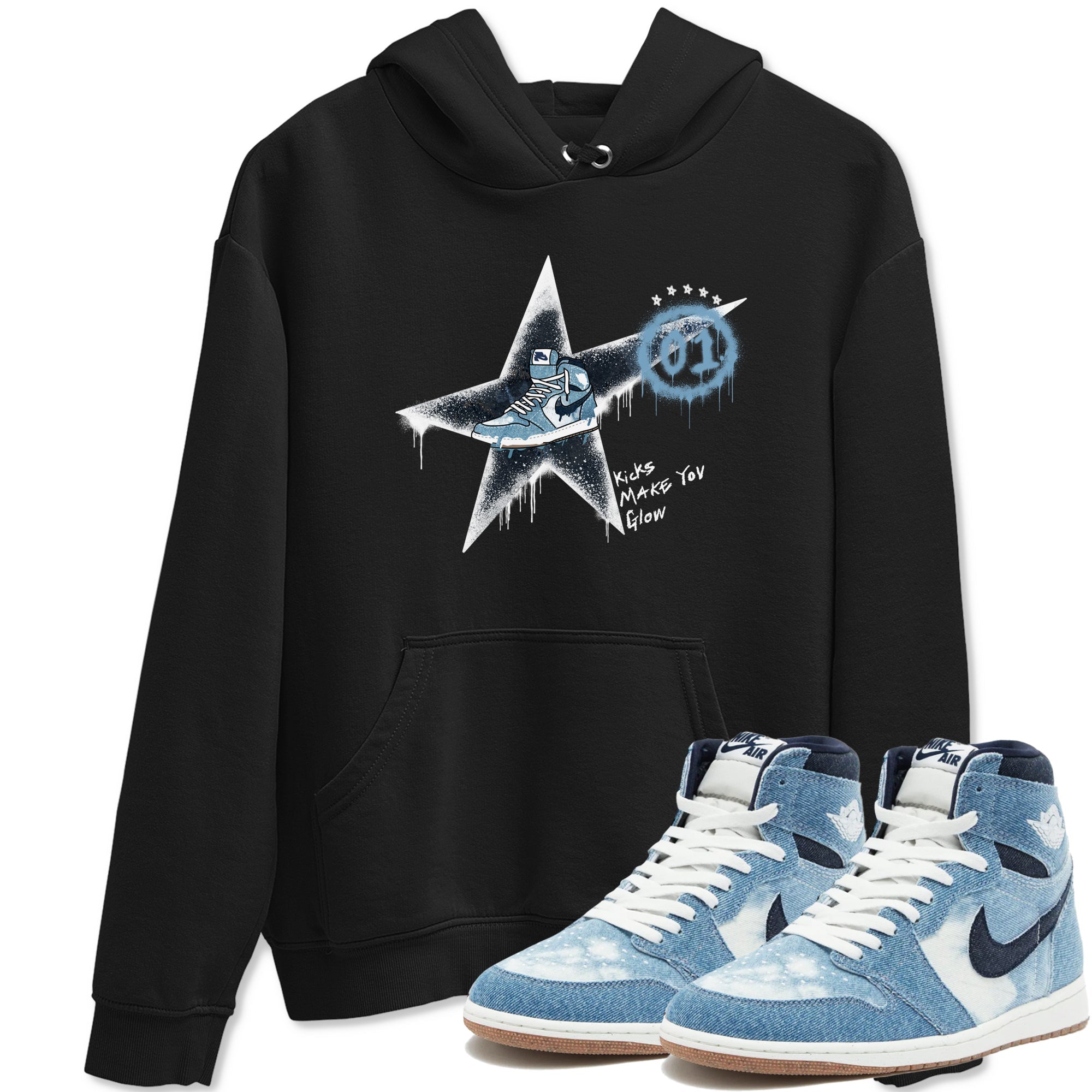 1s Denim shirts to match jordans Kicks Make You Glow sneaker match tees Air Jordan 1 Denim Drip Gear Zone streetwear brand Black 1 unisex cotton tee