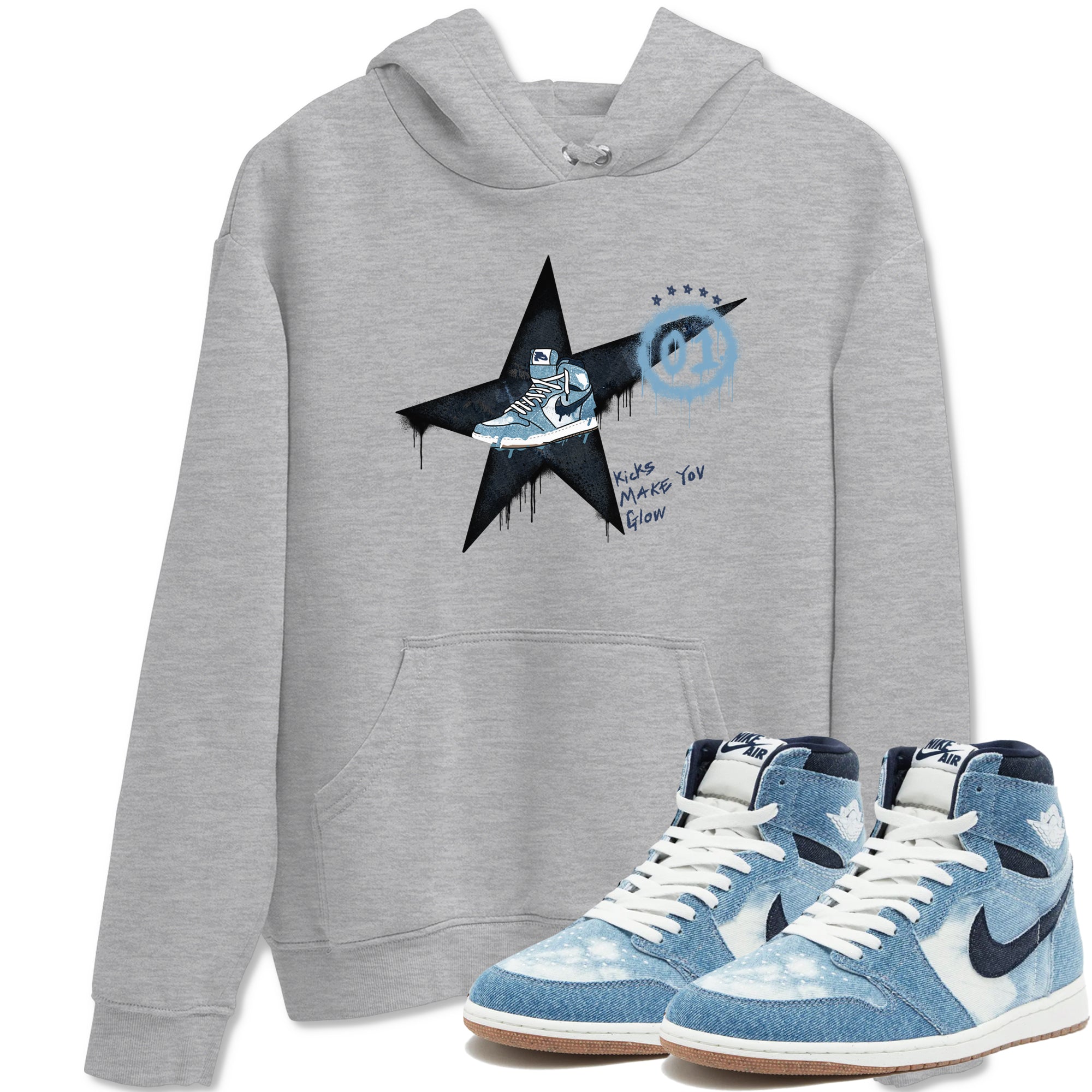 1s Denim shirts to match jordans Kicks Make You Glow sneaker match tees Air Jordan 1 Denim Drip Gear Zone streetwear brand Heather Grey 1 unisex cotton tee