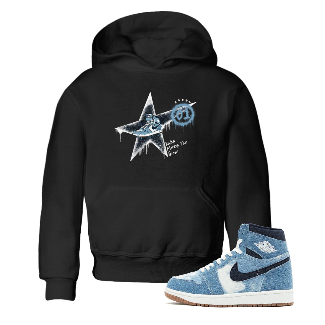 1s Denim shirts to match jordans Kicks Make You Glow sneaker match tees Air Jordan 1 Denim Drip Gear Zone streetwear brand Baby and Youth Black 1 cotton tee