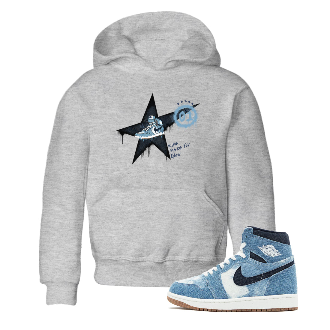 1s Denim shirts to match jordans Kicks Make You Glow sneaker match tees Air Jordan 1 Denim Drip Gear Zone streetwear brand Baby and Youth Heather Grey 1 cotton tee