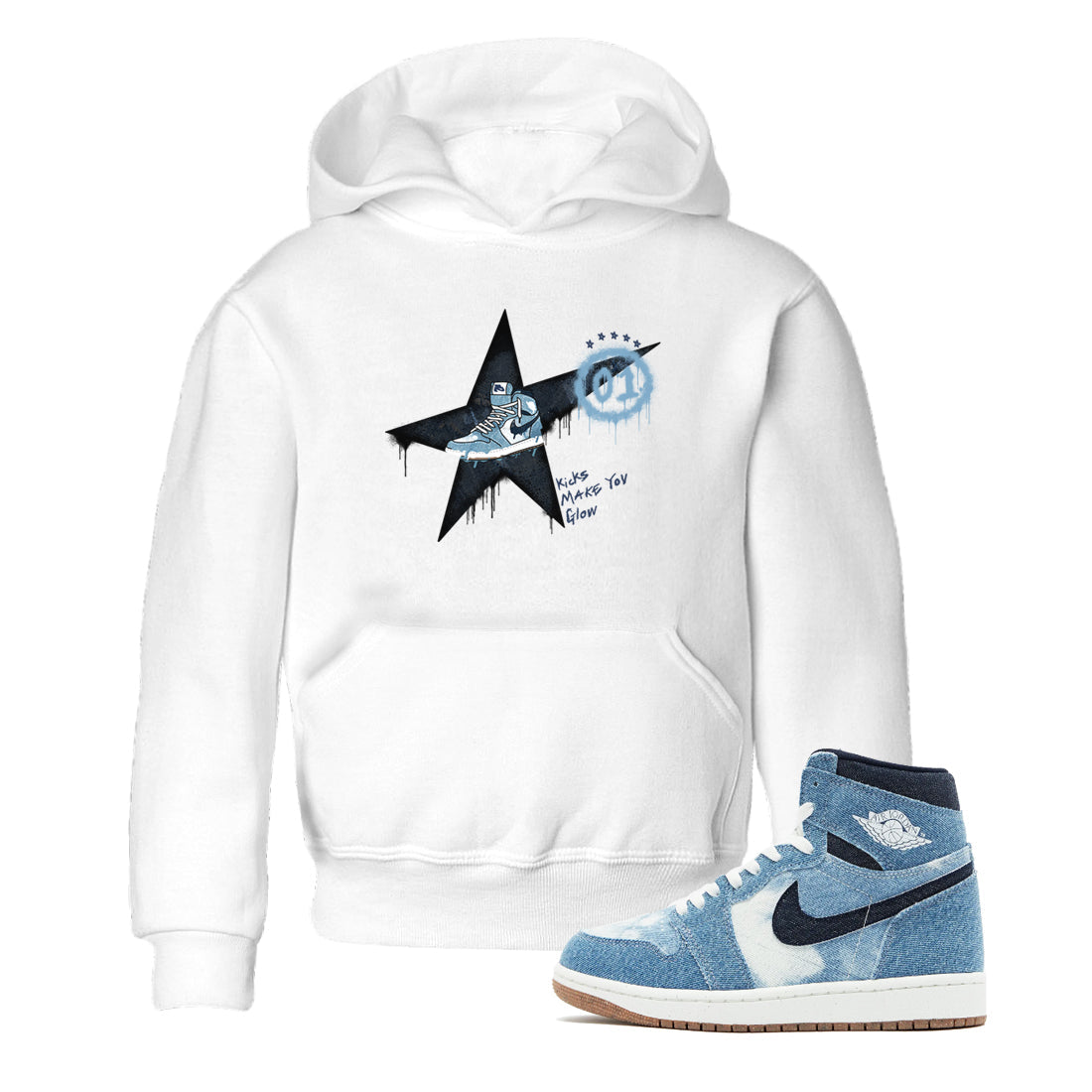 1s Denim shirts to match jordans Kicks Make You Glow sneaker match tees Air Jordan 1 Denim Drip Gear Zone streetwear brand Baby and Youth White 1 cotton tee