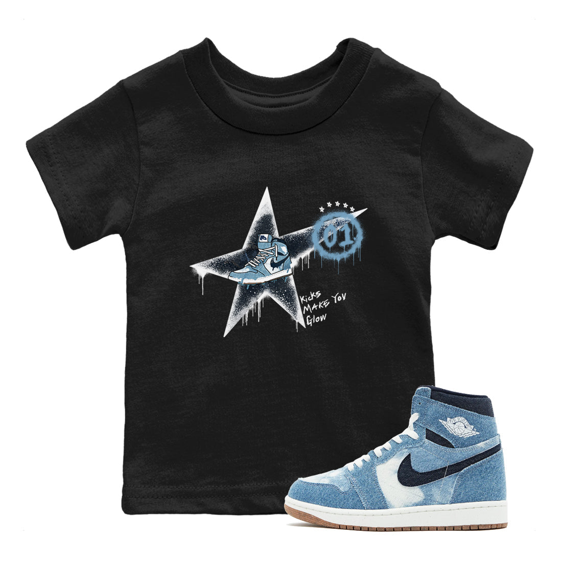 1s Denim shirts to match jordans Kicks Make You Glow sneaker match tees Air Jordan 1 Denim Drip Gear Zone streetwear brand Baby and Youth Black 1 cotton tee