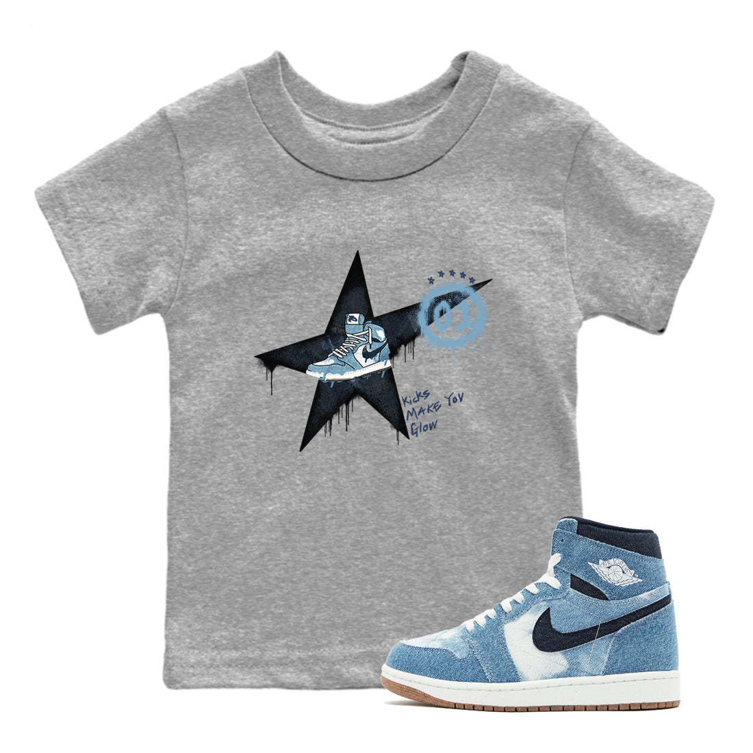 1s Denim shirts to match jordans Kicks Make You Glow sneaker match tees Air Jordan 1 Denim Drip Gear Zone streetwear brand Baby and Youth Heather Grey 1 cotton tee