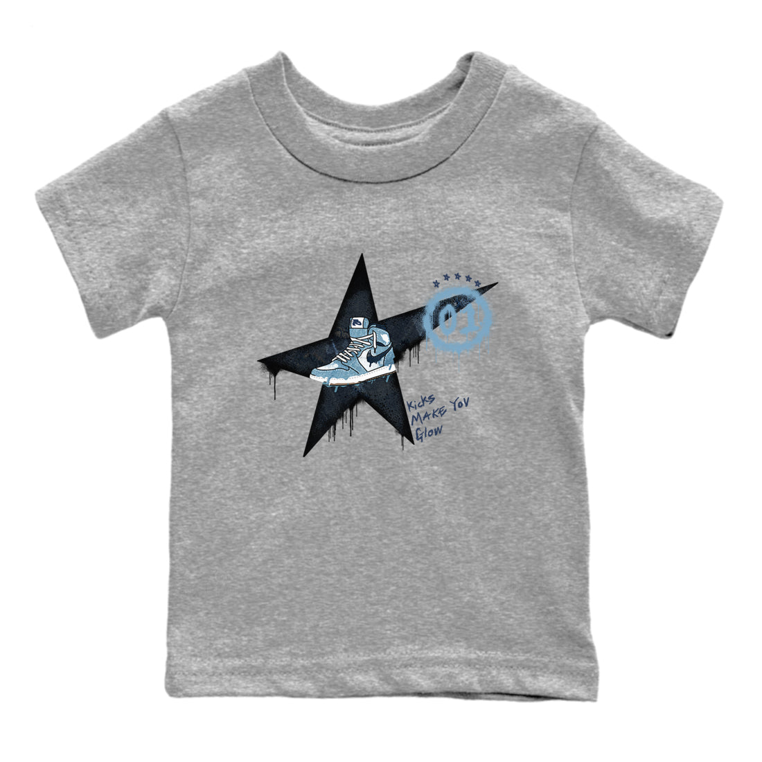 1s Denim shirts to match jordans Kicks Make You Glow sneaker match tees Air Jordan 1 Denim Drip Gear Zone streetwear brand Baby and Youth Heather Grey 2 cotton tee