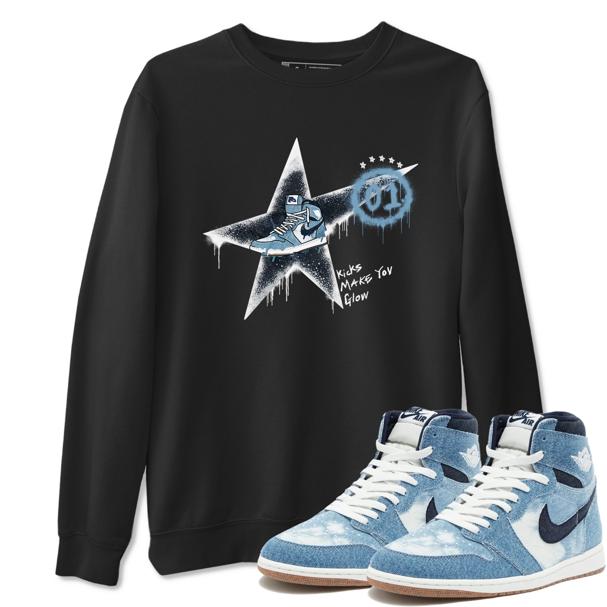 1s Denim shirts to match jordans Kicks Make You Glow sneaker match tees Air Jordan 1 Denim Drip Gear Zone streetwear brand Black 1 unisex cotton tee