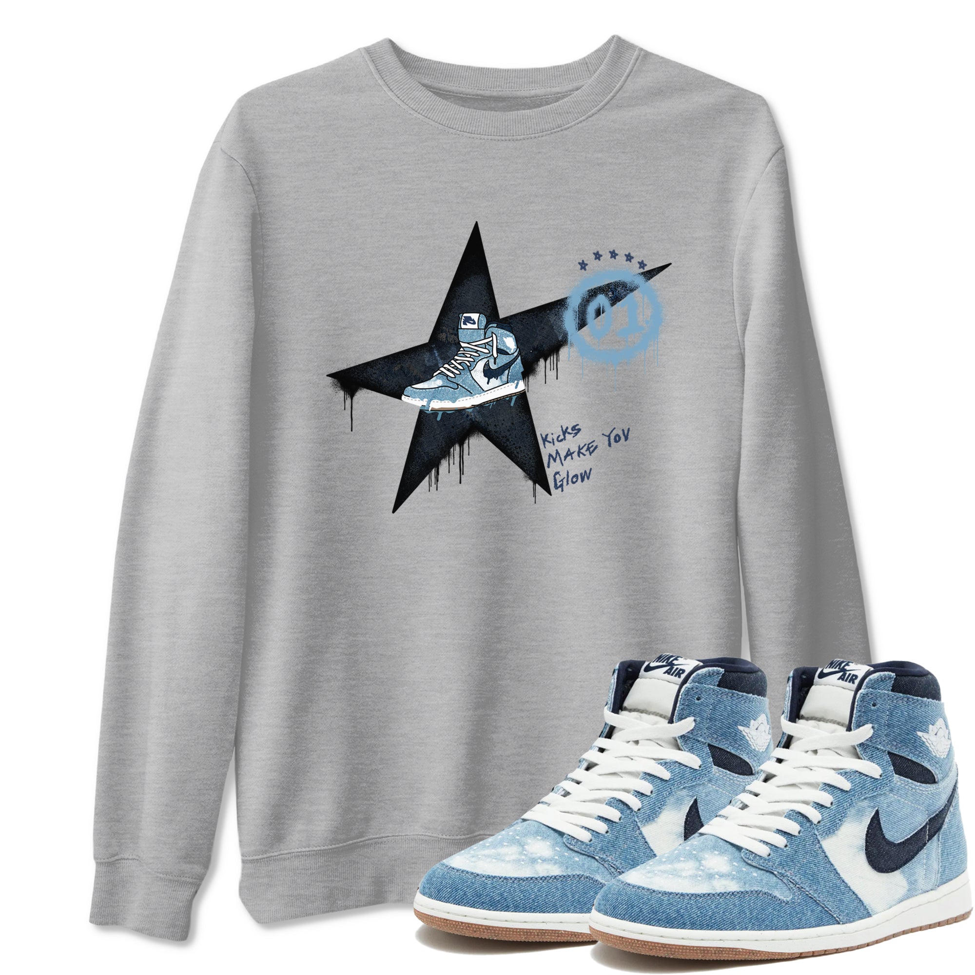 1s Denim shirts to match jordans Kicks Make You Glow sneaker match tees Air Jordan 1 Denim Drip Gear Zone streetwear brand Heather Grey 1 unisex cotton tee