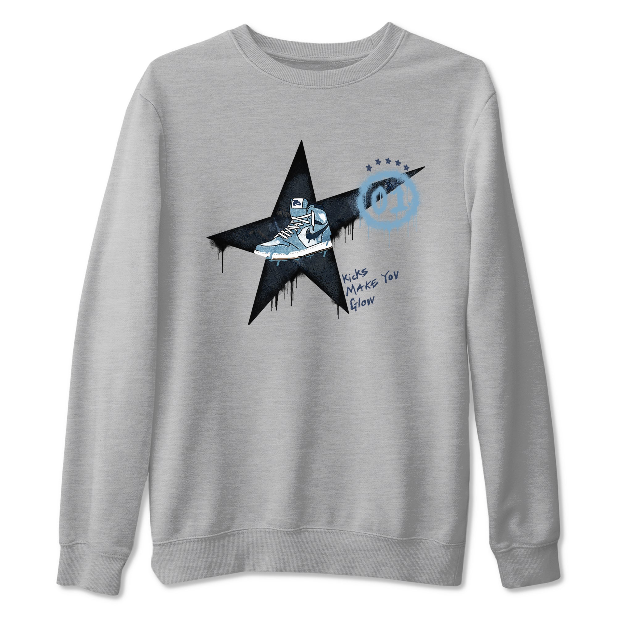 1s Denim shirts to match jordans Kicks Make You Glow sneaker match tees Air Jordan 1 Denim Drip Gear Zone streetwear brand Heather Grey 2 unisex cotton tee