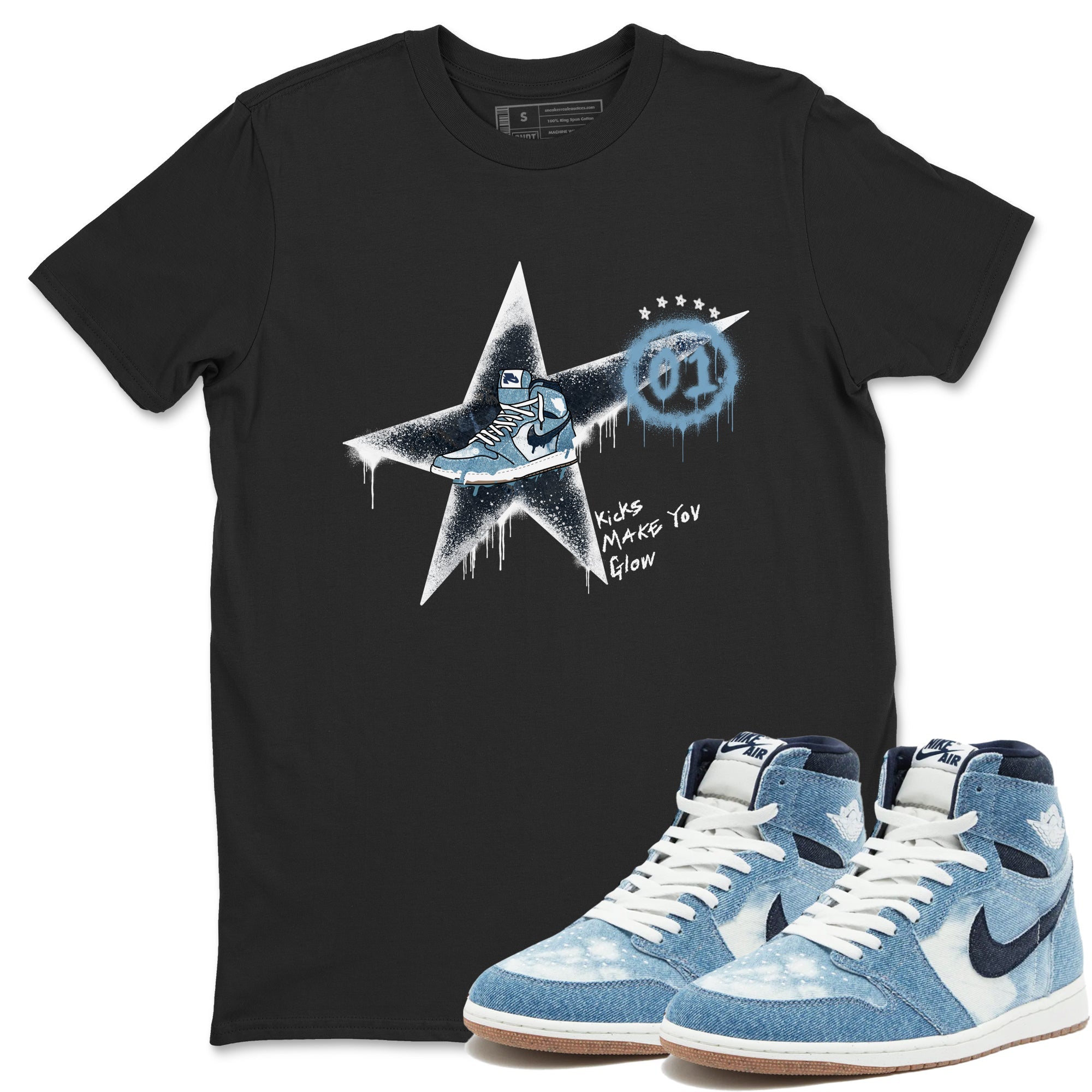 1s Denim shirts to match jordans Kicks Make You Glow sneaker match tees Air Jordan 1 Denim Drip Gear Zone streetwear brand Black 1 unisex cotton tee