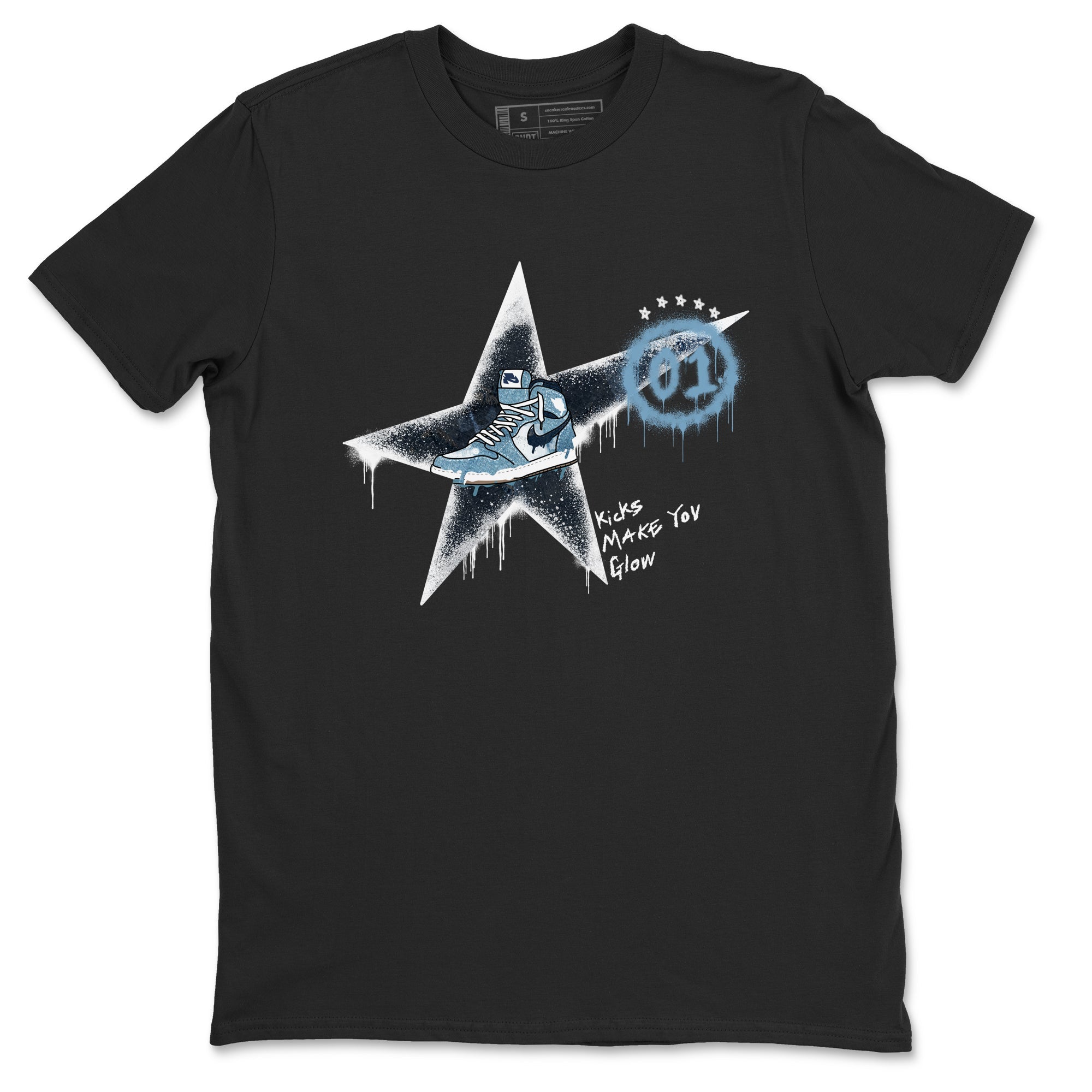 1s Denim shirts to match jordans Kicks Make You Glow sneaker match tees Air Jordan 1 Denim Drip Gear Zone streetwear brand Black 2 unisex cotton tee