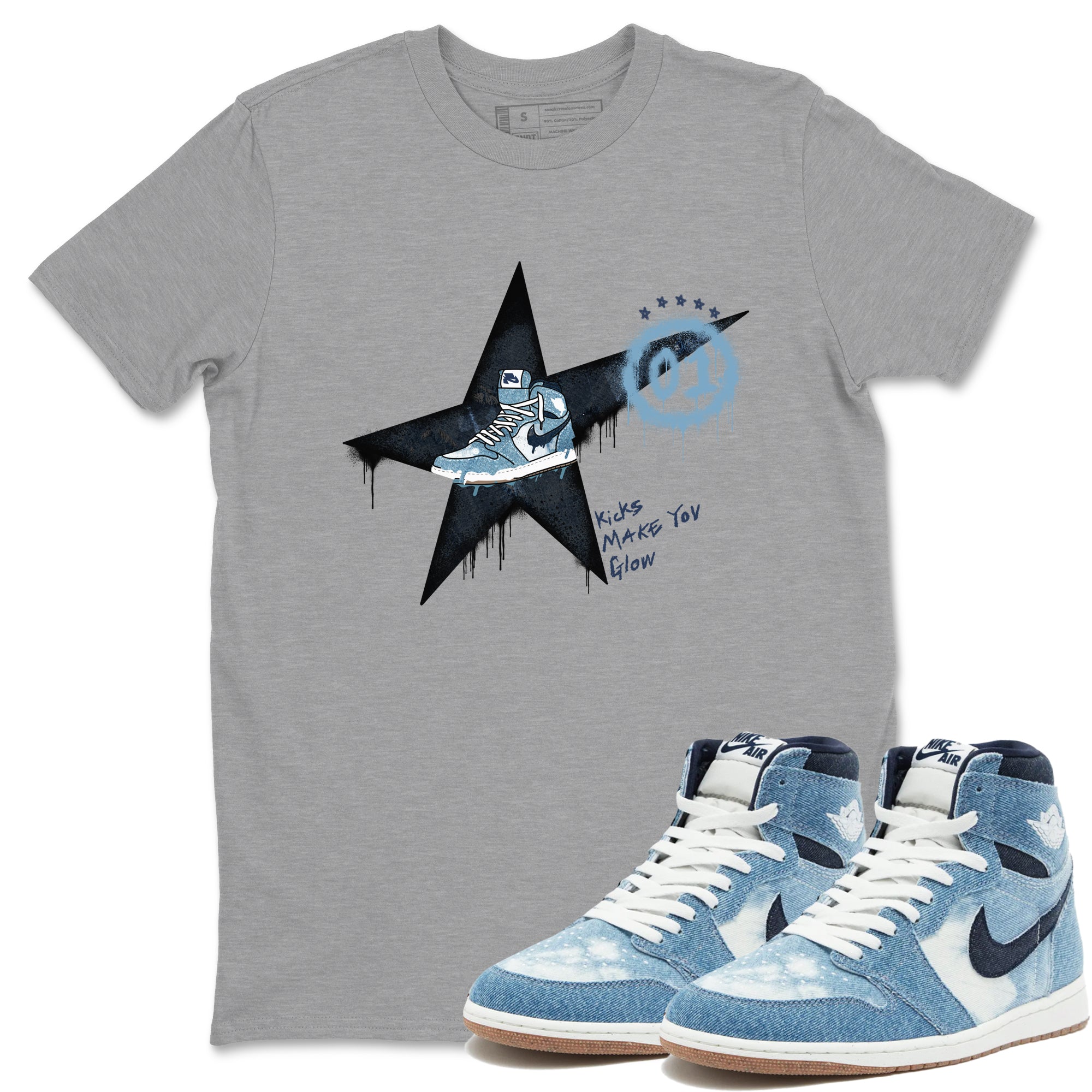 1s Denim shirts to match jordans Kicks Make You Glow sneaker match tees Air Jordan 1 Denim Drip Gear Zone streetwear brand Heather Grey 1 unisex cotton tee