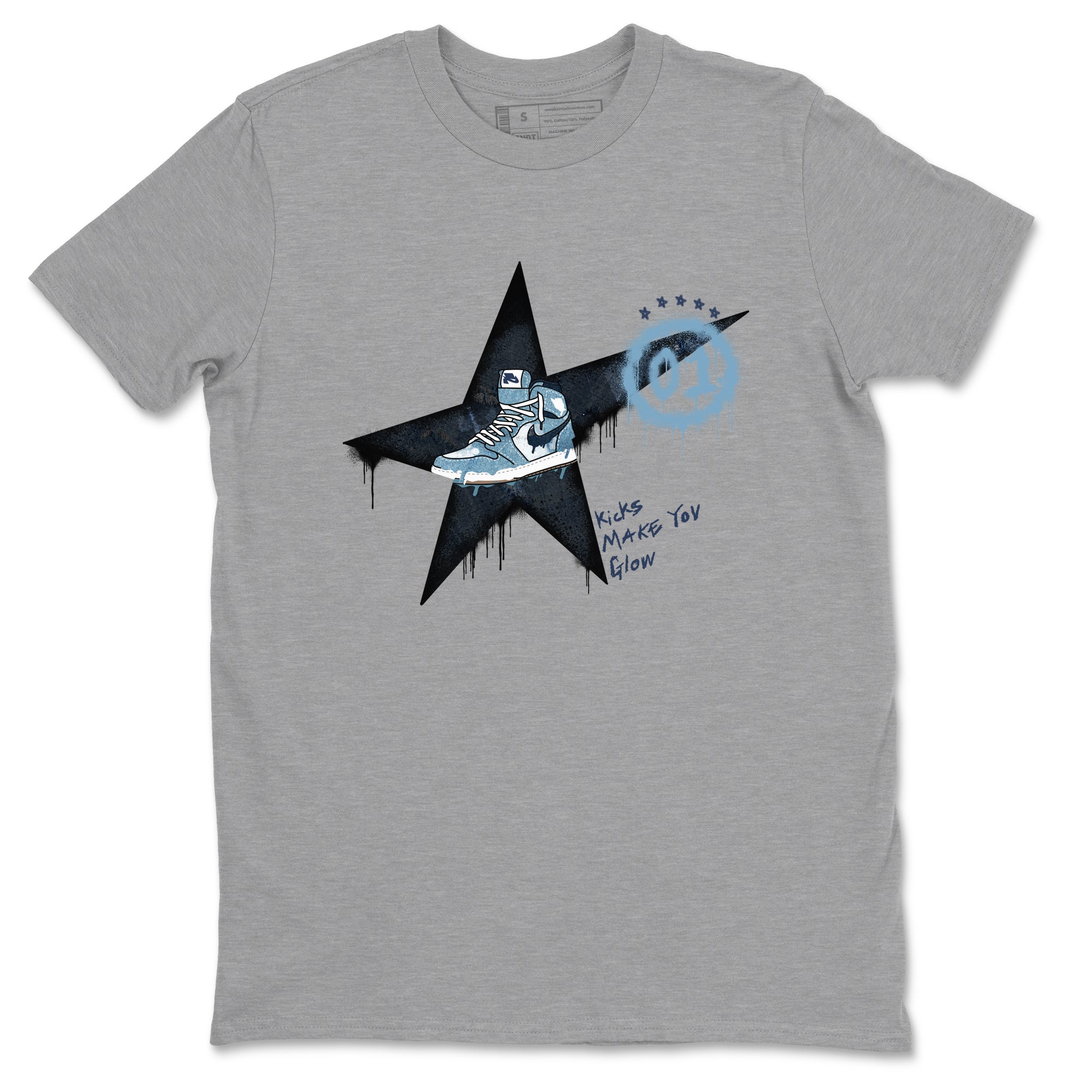 1s Denim shirts to match jordans Kicks Make You Glow sneaker match tees Air Jordan 1 Denim Drip Gear Zone streetwear brand Heather Grey 2 unisex cotton tee