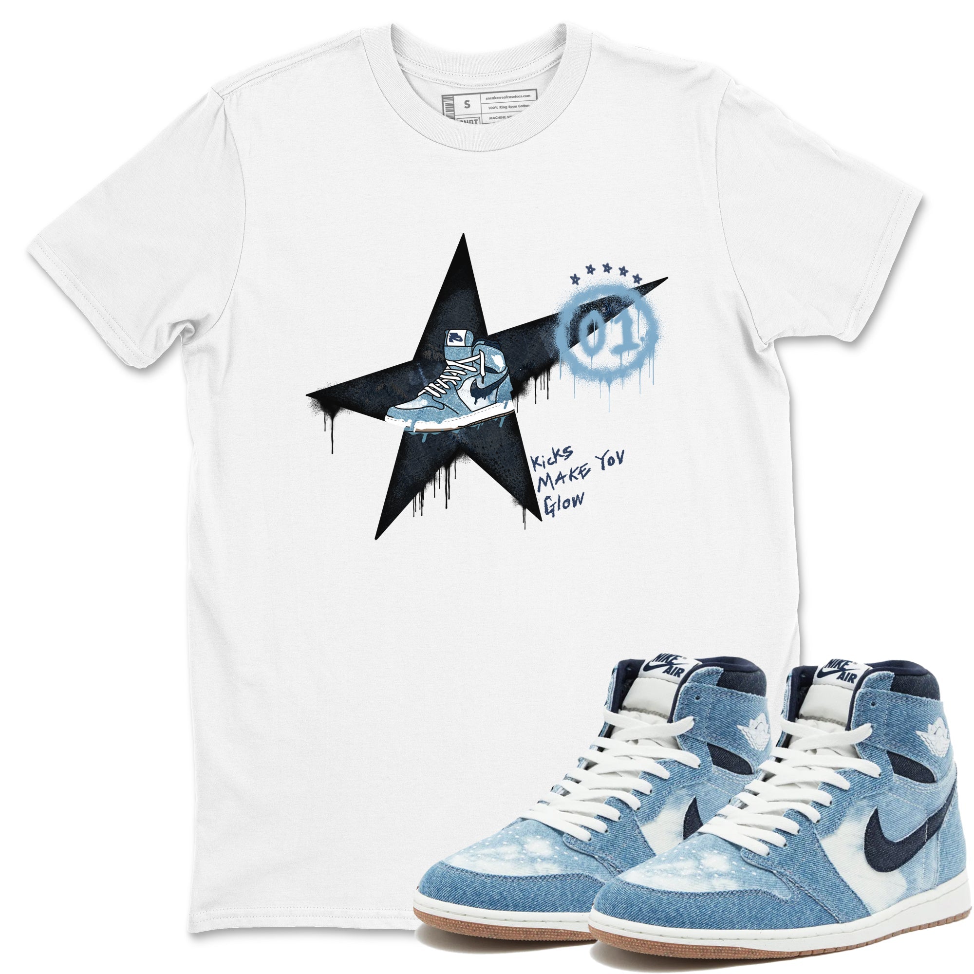 1s Denim shirts to match jordans Kicks Make You Glow sneaker match tees Air Jordan 1 Denim Drip Gear Zone streetwear brand White 1 unisex cotton tee