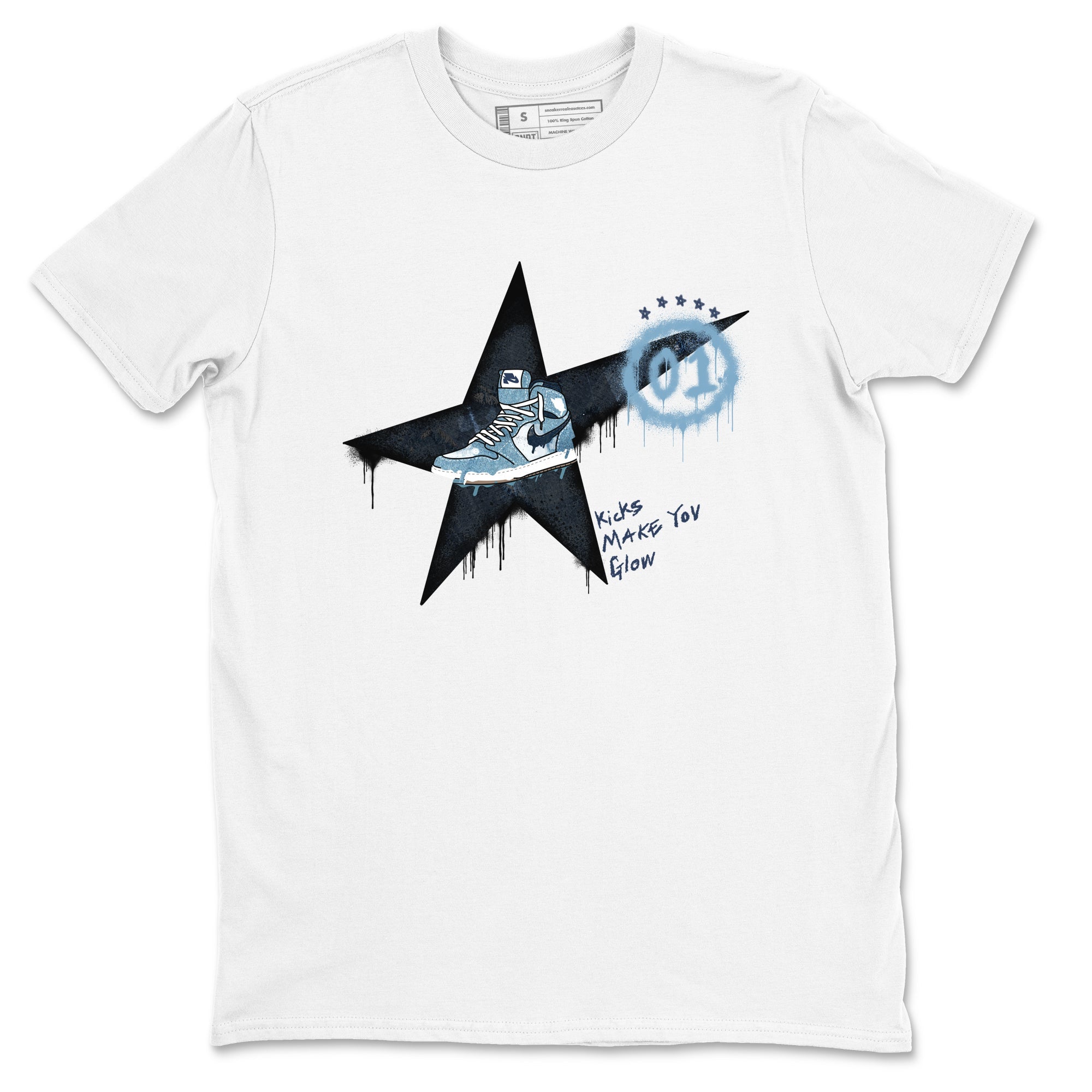 1s Denim shirts to match jordans Kicks Make You Glow sneaker match tees Air Jordan 1 Denim Drip Gear Zone streetwear brand White 2 unisex cotton tee