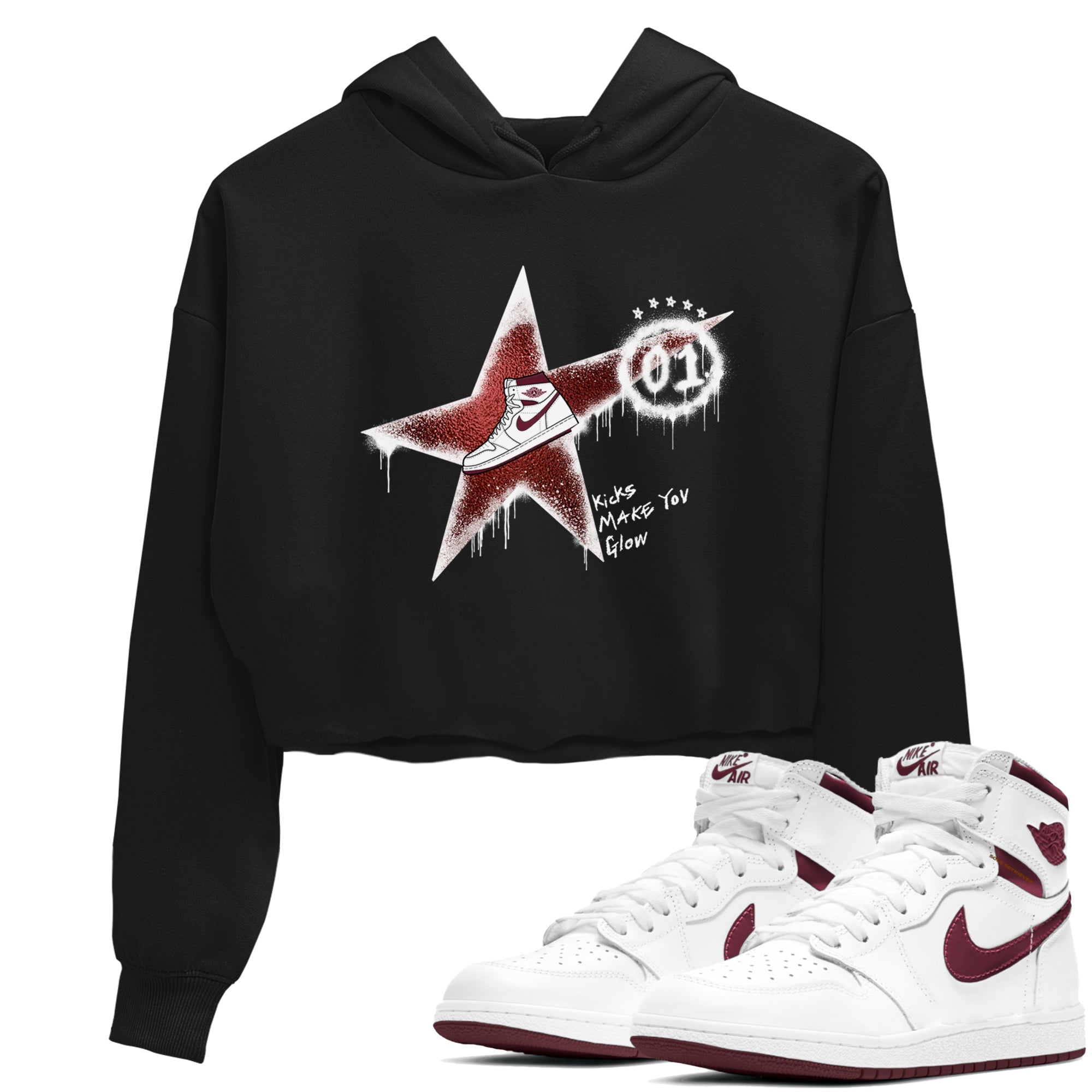 AJ1 High '85 Metallic Burgundy shirts to match jordans Kicks Make You Glow sneaker match tees 1s High '85 Metallic Burgundy Drip Gear Zone streetwear brand Black 1 crop tee
