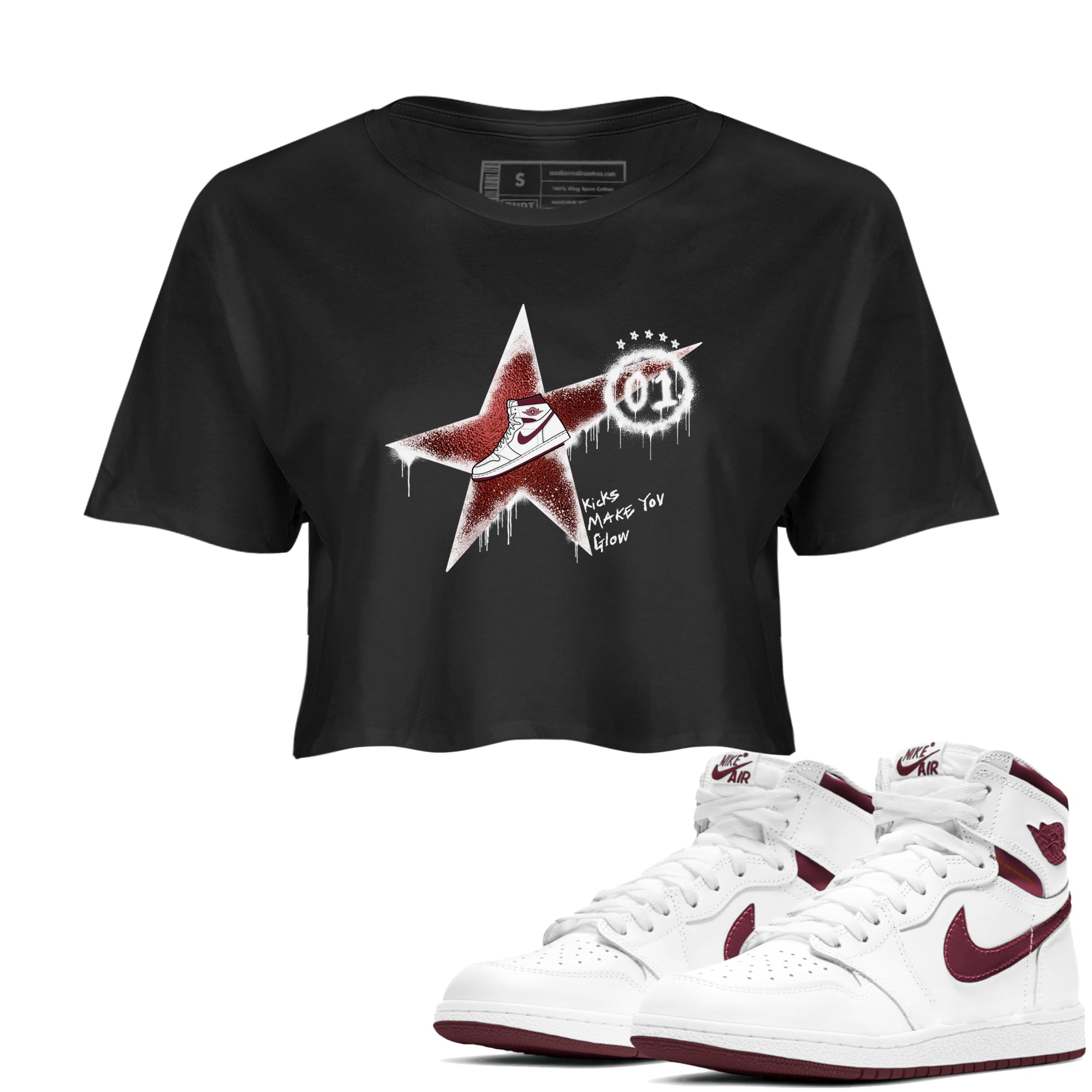 AJ1 High '85 Metallic Burgundy shirts to match jordans Kicks Make You Glow sneaker match tees 1s High '85 Metallic Burgundy Drip Gear Zone streetwear brand Black 1 crop tee
