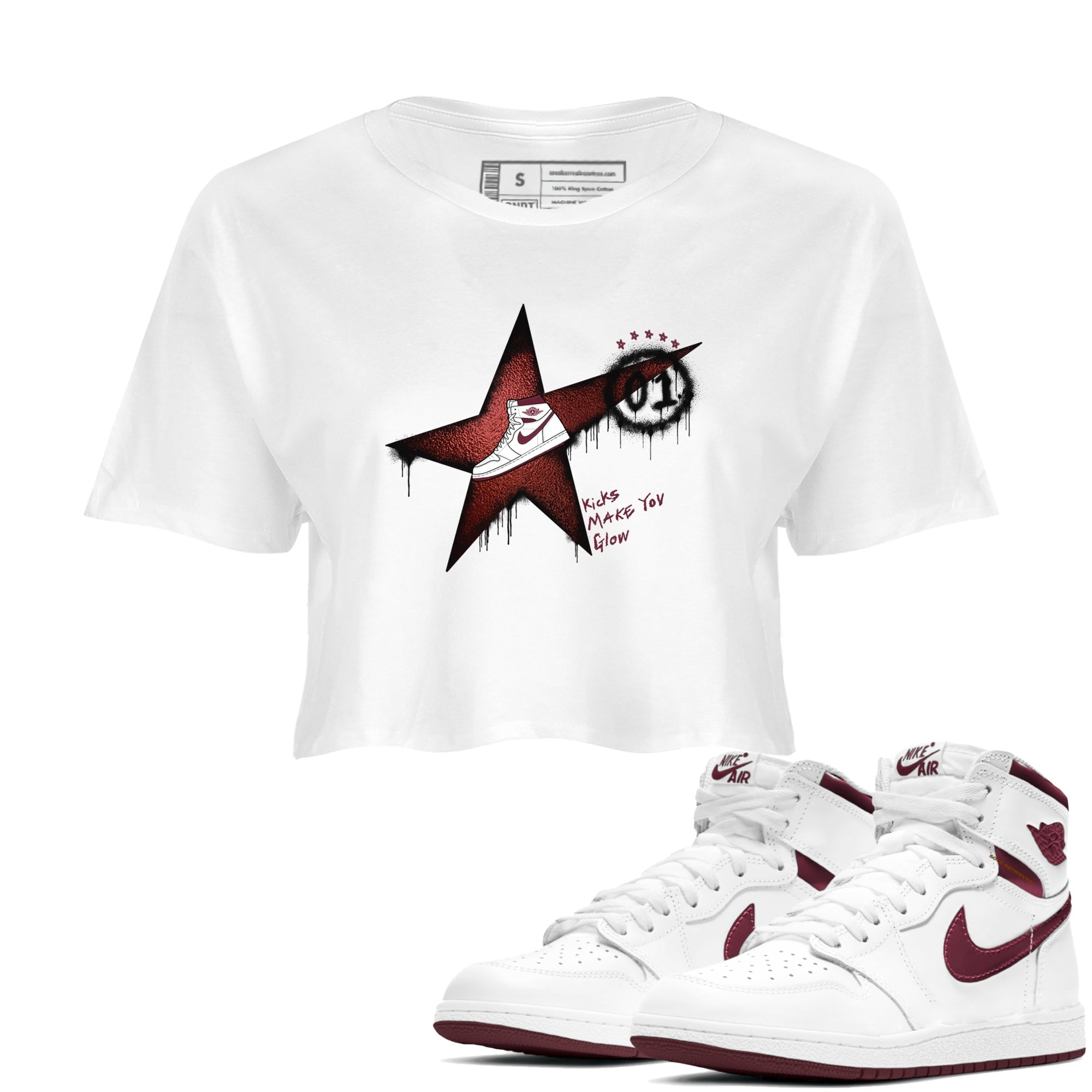 AJ1 High '85 Metallic Burgundy shirts to match jordans Kicks Make You Glow sneaker match tees 1s High '85 Metallic Burgundy Drip Gear Zone streetwear brand White 1 crop tee
