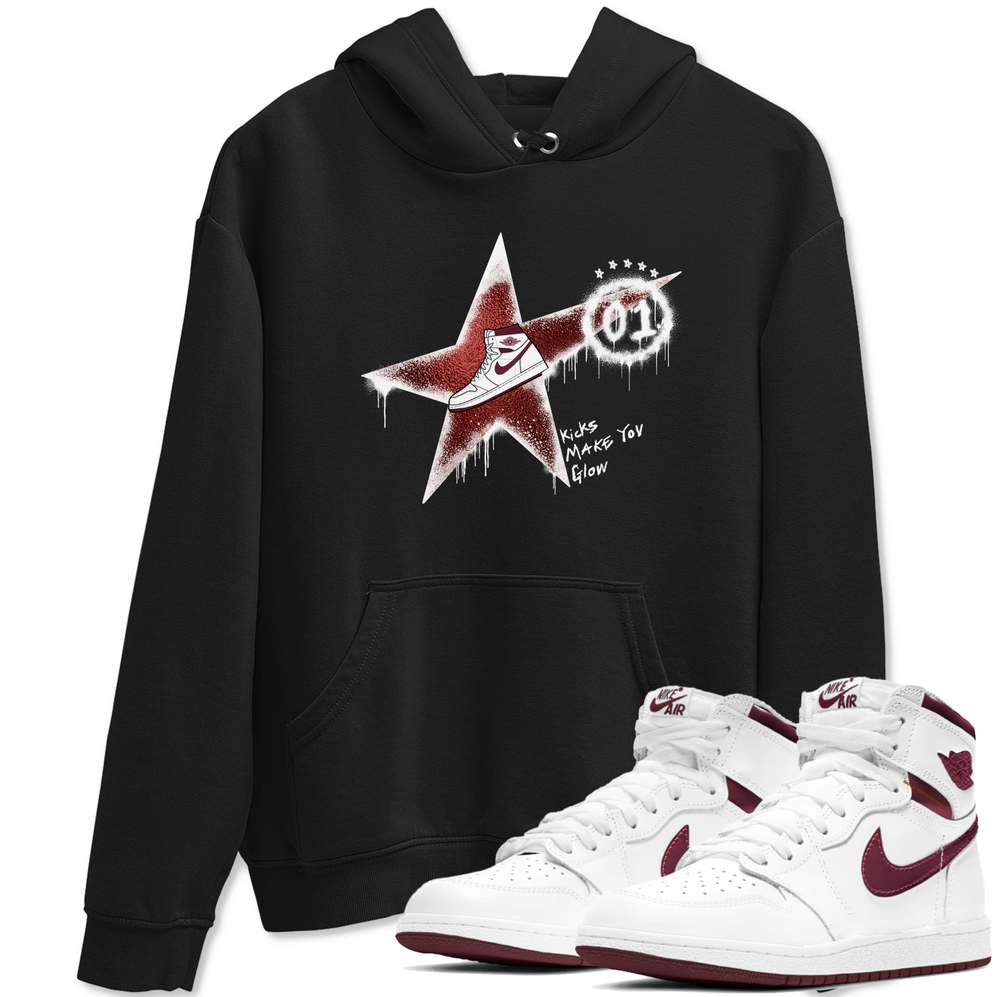AJ1 High '85 Metallic Burgundy shirts to match jordans Kicks Make You Glow sneaker match tees 1s High '85 Metallic Burgundy Drip Gear Zone streetwear brand Black 1 unisex cotton tee