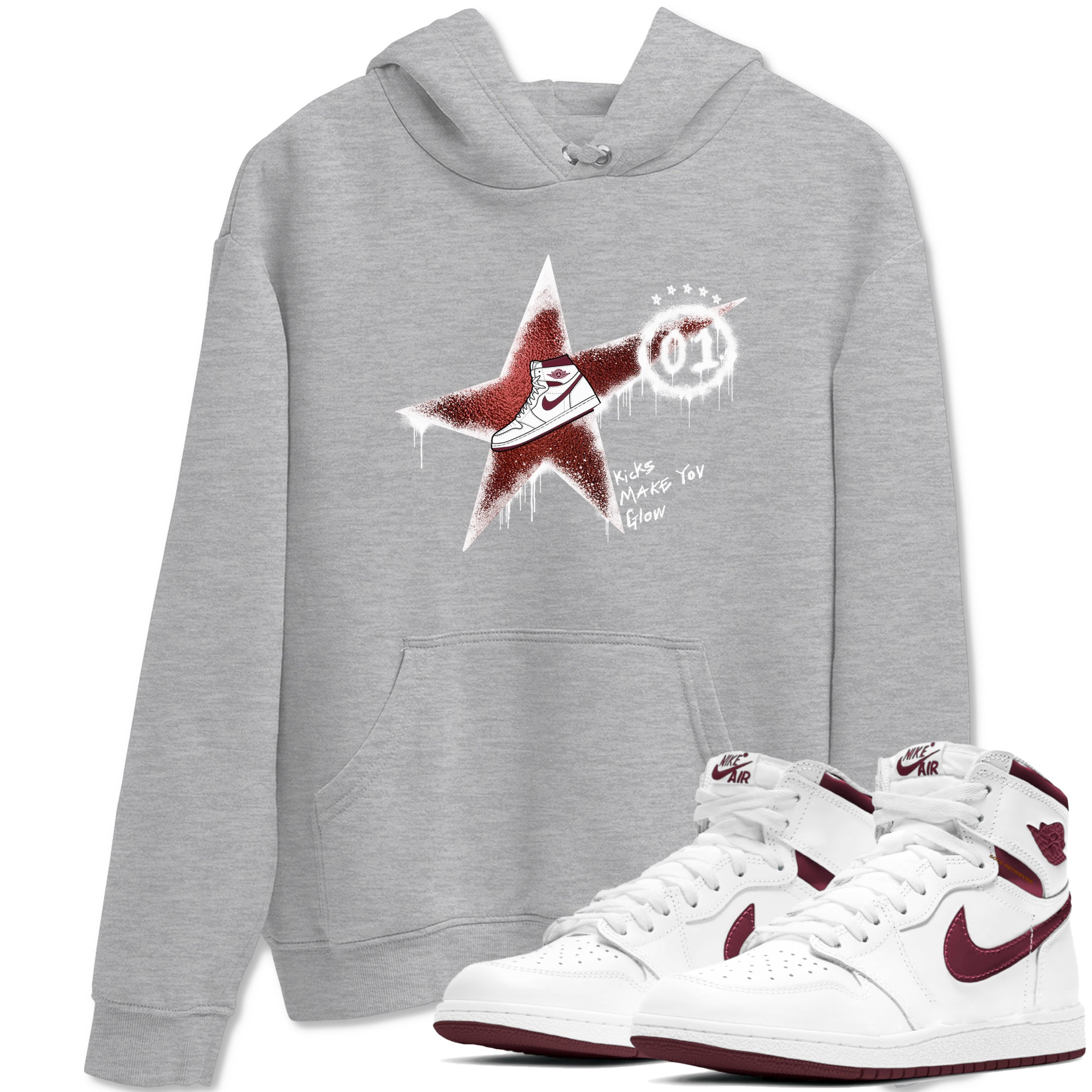AJ1 High '85 Metallic Burgundy shirts to match jordans Kicks Make You Glow sneaker match tees 1s High '85 Metallic Burgundy Drip Gear Zone streetwear brand Heather Grey 1 unisex cotton tee