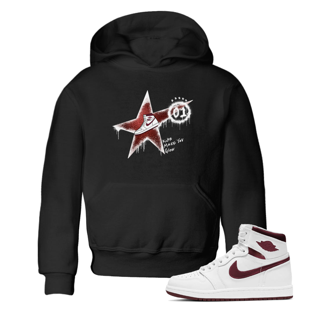 AJ1 High '85 Metallic Burgundy shirts to match jordans Kicks Make You Glow sneaker match tees 1s High '85 Metallic Burgundy Drip Gear Zone streetwear brand Baby and Youth Black 1 cotton tee