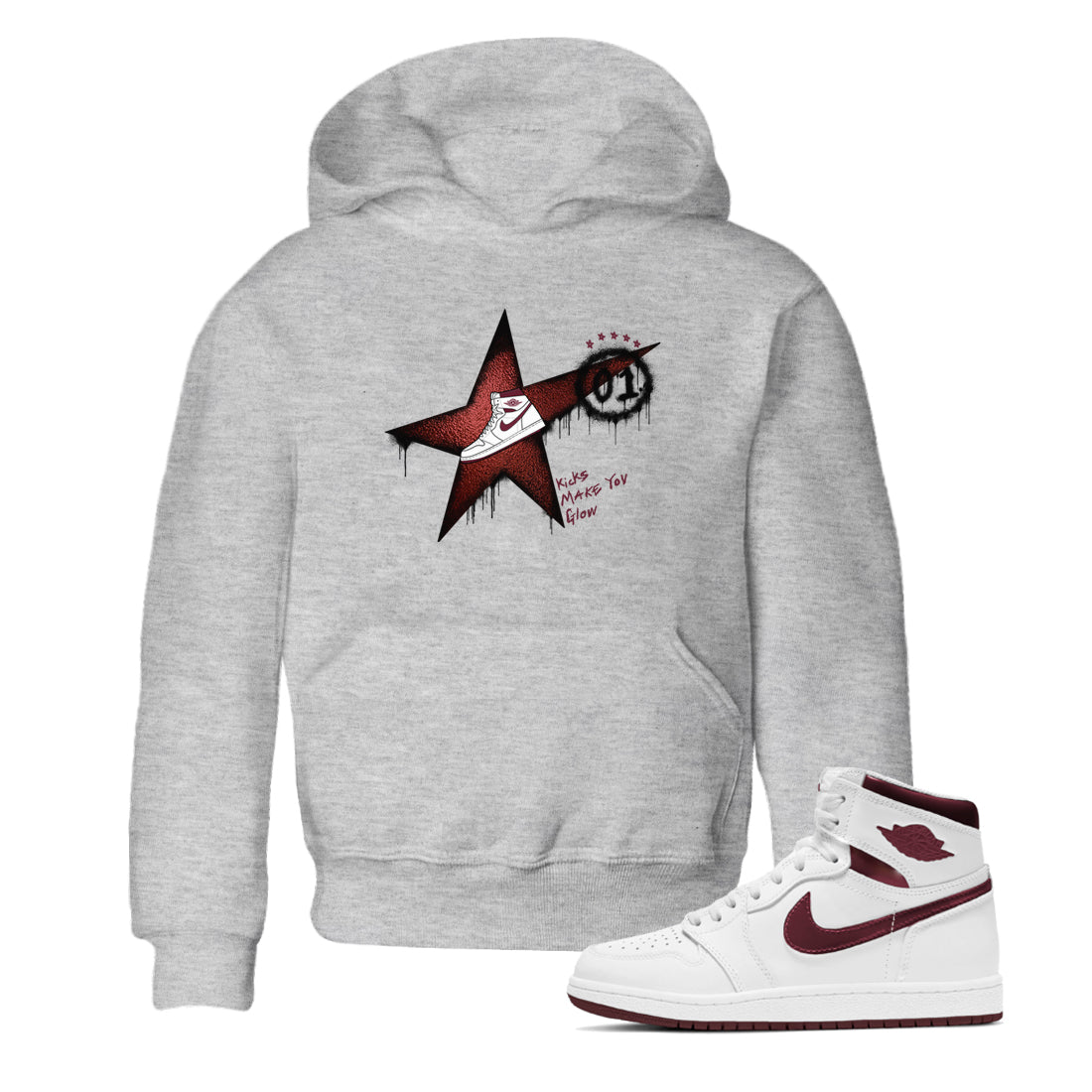 AJ1 High '85 Metallic Burgundy shirts to match jordans Kicks Make You Glow sneaker match tees 1s High '85 Metallic Burgundy Drip Gear Zone streetwear brand Baby and Youth Heather Grey 1 cotton tee