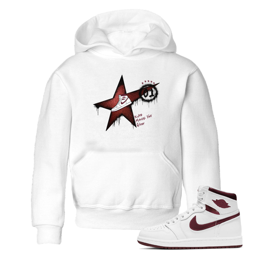 AJ1 High '85 Metallic Burgundy shirts to match jordans Kicks Make You Glow sneaker match tees 1s High '85 Metallic Burgundy Drip Gear Zone streetwear brand Baby and Youth White 1 cotton tee