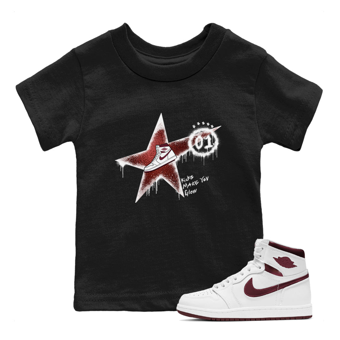 AJ1 High '85 Metallic Burgundy shirts to match jordans Kicks Make You Glow sneaker match tees 1s High '85 Metallic Burgundy Drip Gear Zone streetwear brand Baby and Youth Black 1 cotton tee