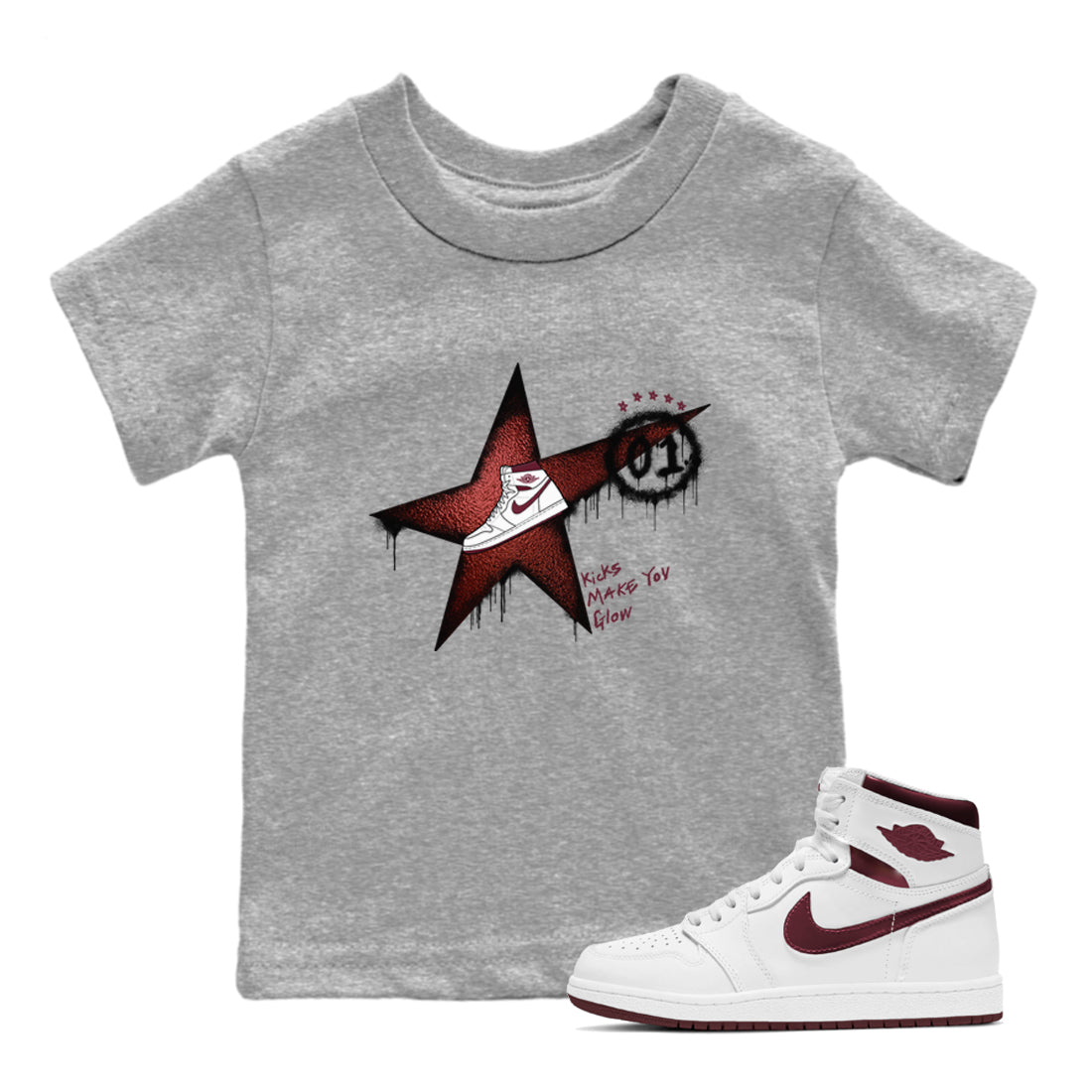AJ1 High '85 Metallic Burgundy shirts to match jordans Kicks Make You Glow sneaker match tees 1s High '85 Metallic Burgundy Drip Gear Zone streetwear brand Baby and Youth Heather Grey 1 cotton tee