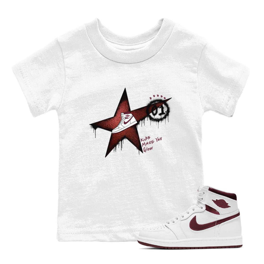 AJ1 High '85 Metallic Burgundy shirts to match jordans Kicks Make You Glow sneaker match tees 1s High '85 Metallic Burgundy Drip Gear Zone streetwear brand Baby and Youth White 1 cotton tee