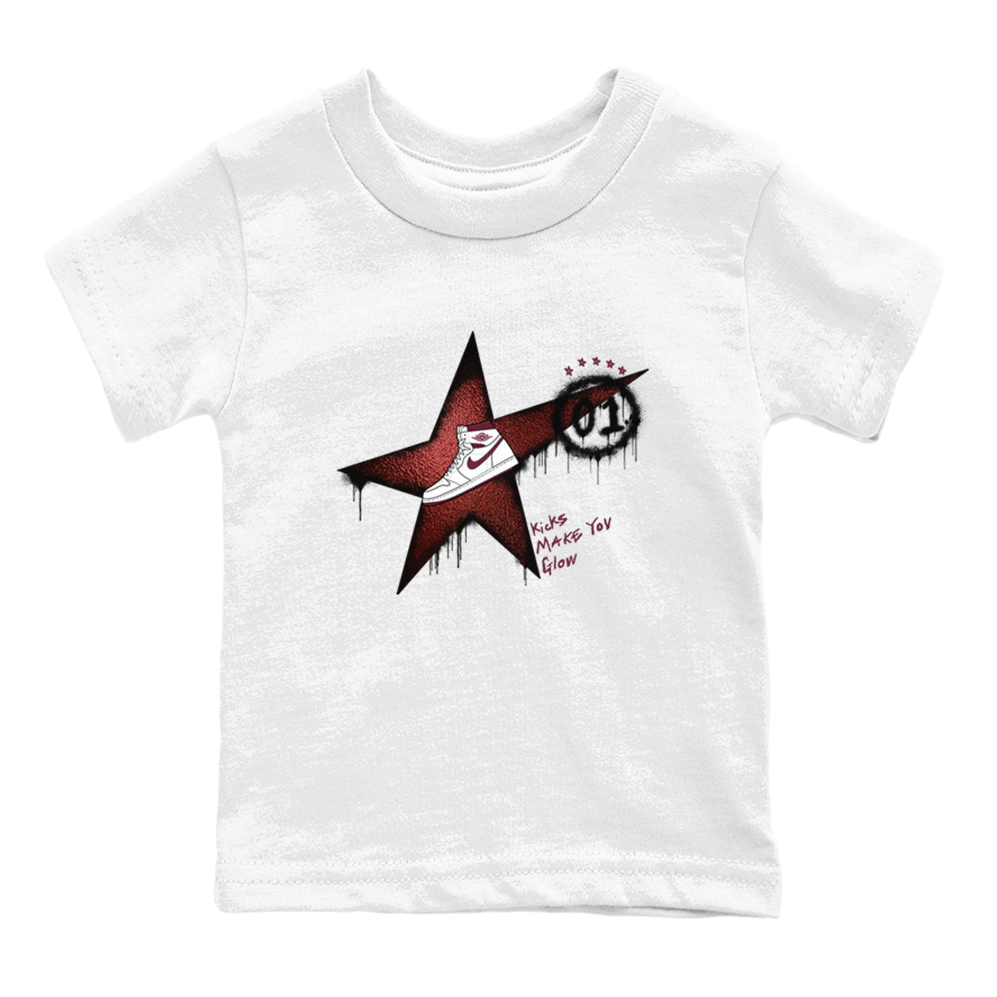 AJ1 High '85 Metallic Burgundy shirts to match jordans Kicks Make You Glow sneaker match tees 1s High '85 Metallic Burgundy Drip Gear Zone streetwear brand Baby and Youth White 2 cotton tee