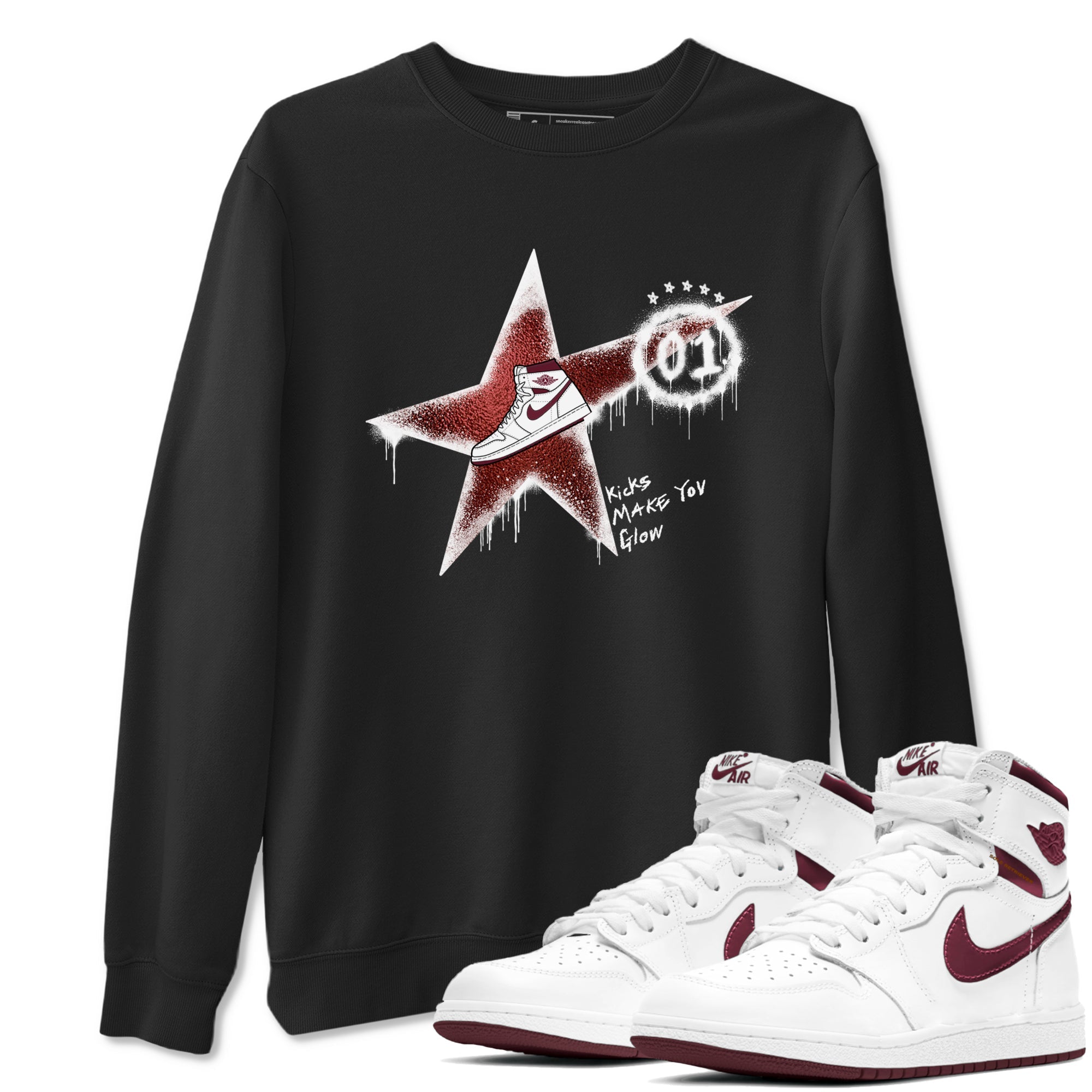AJ1 High '85 Metallic Burgundy shirts to match jordans Kicks Make You Glow sneaker match tees 1s High '85 Metallic Burgundy Drip Gear Zone streetwear brand Black 1 unisex cotton tee