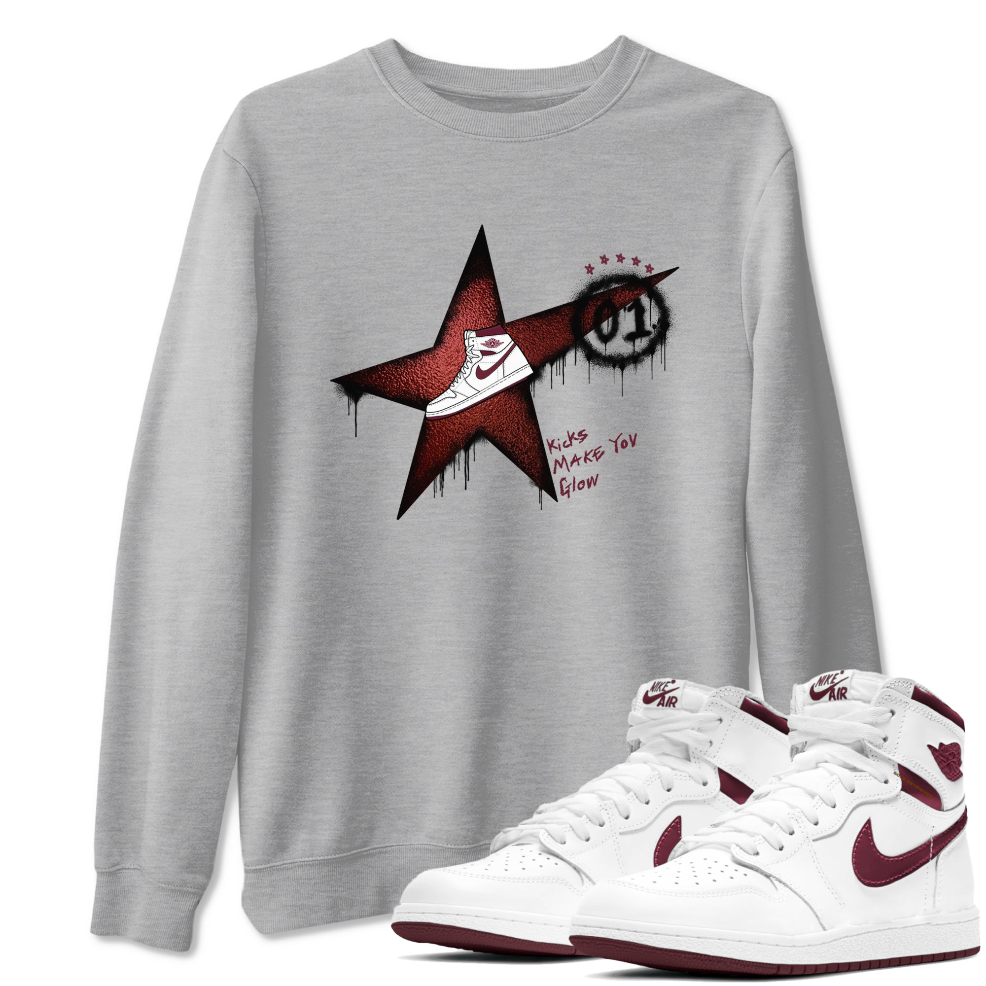 AJ1 High '85 Metallic Burgundy shirts to match jordans Kicks Make You Glow sneaker match tees 1s High '85 Metallic Burgundy Drip Gear Zone streetwear brand Heather Grey 1 unisex cotton tee