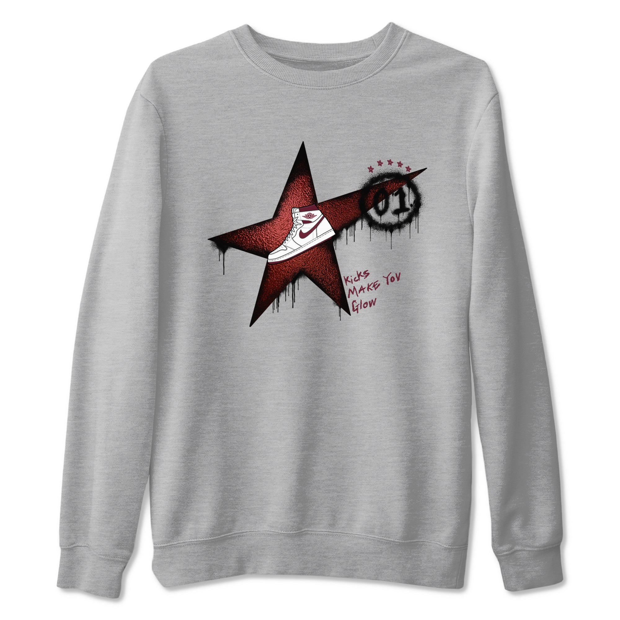 AJ1 High '85 Metallic Burgundy shirts to match jordans Kicks Make You Glow sneaker match tees 1s High '85 Metallic Burgundy Drip Gear Zone streetwear brand Heather Grey 2 unisex cotton tee