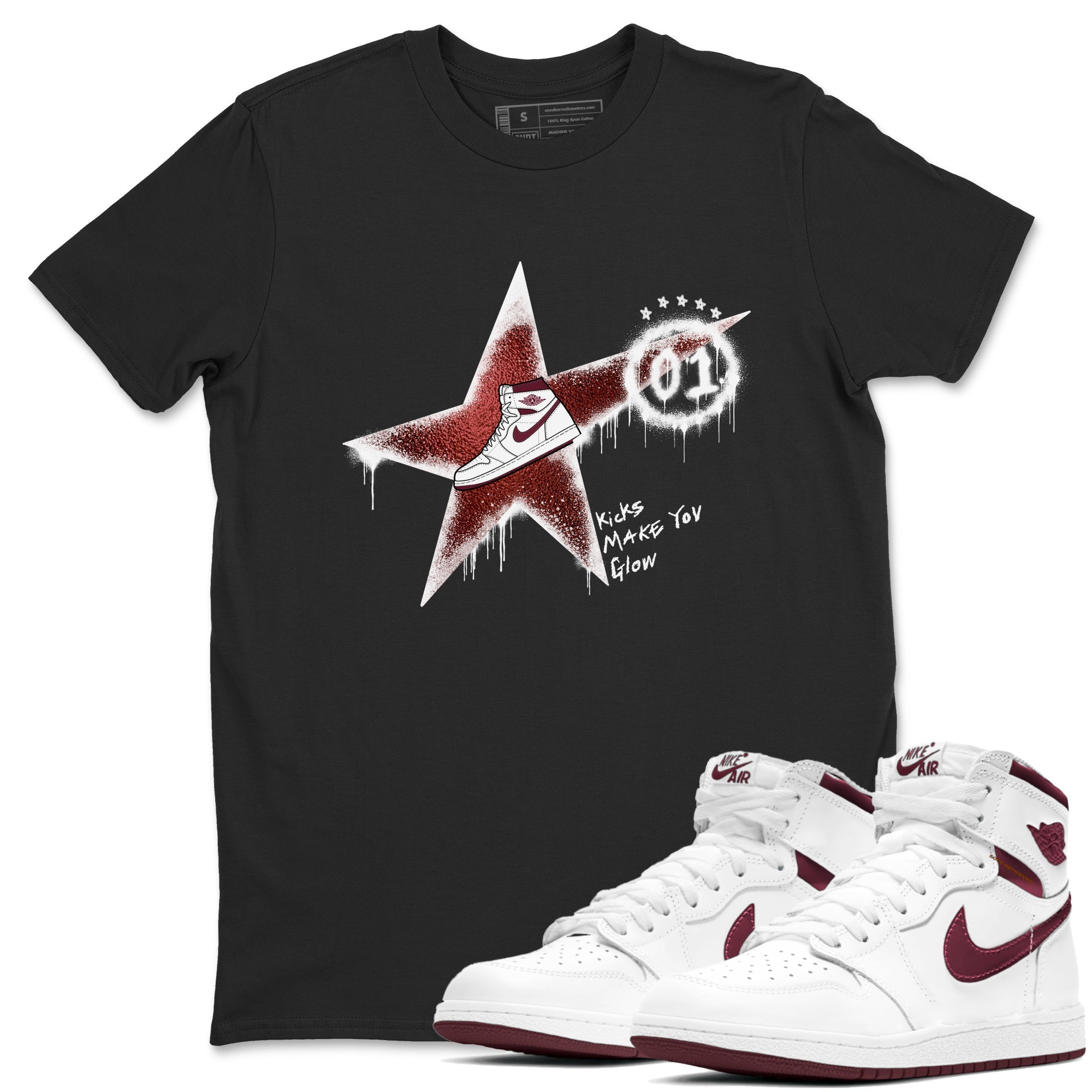 AJ1 High '85 Metallic Burgundy shirts to match jordans Kicks Make You Glow sneaker match tees 1s High '85 Metallic Burgundy Drip Gear Zone streetwear brand Black 1 unisex cotton tee