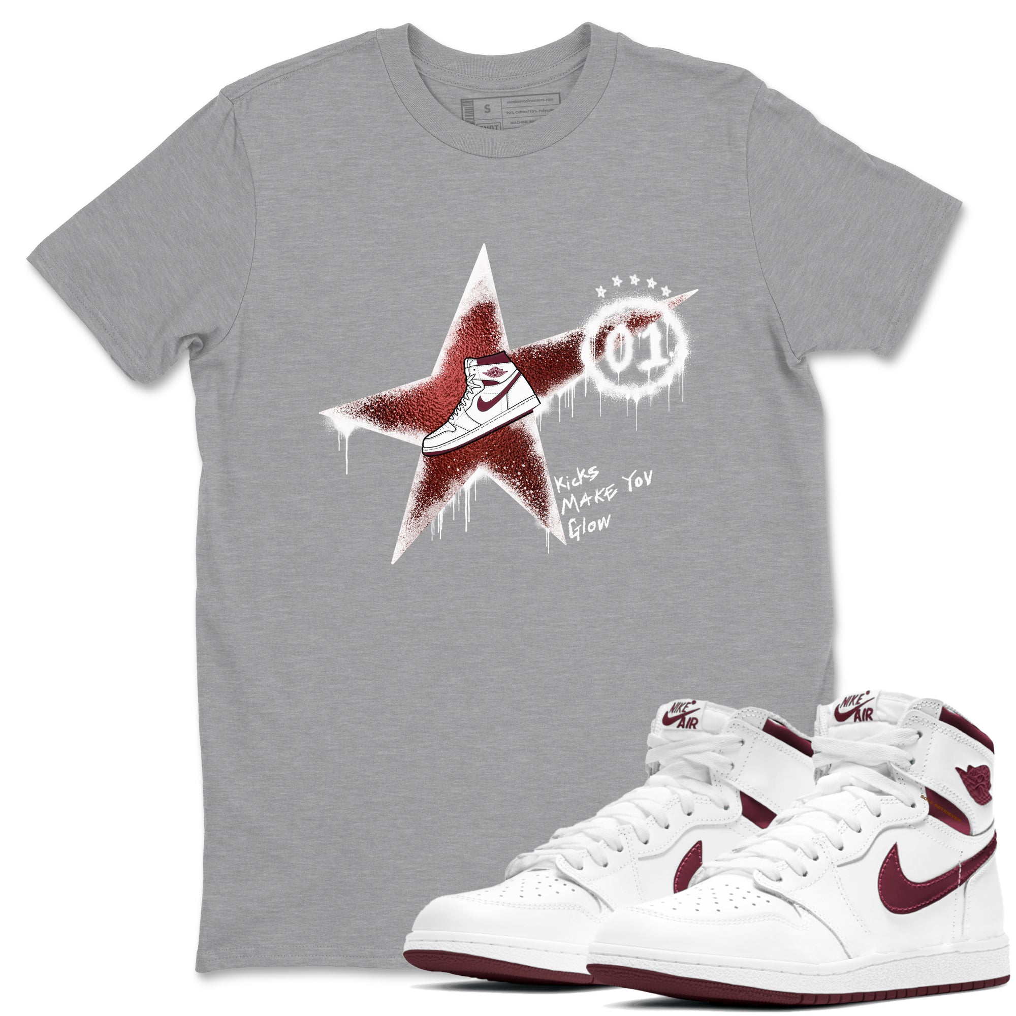 AJ1 High '85 Metallic Burgundy shirts to match jordans Kicks Make You Glow sneaker match tees 1s High '85 Metallic Burgundy Drip Gear Zone streetwear brand Heather Grey 1 unisex cotton tee