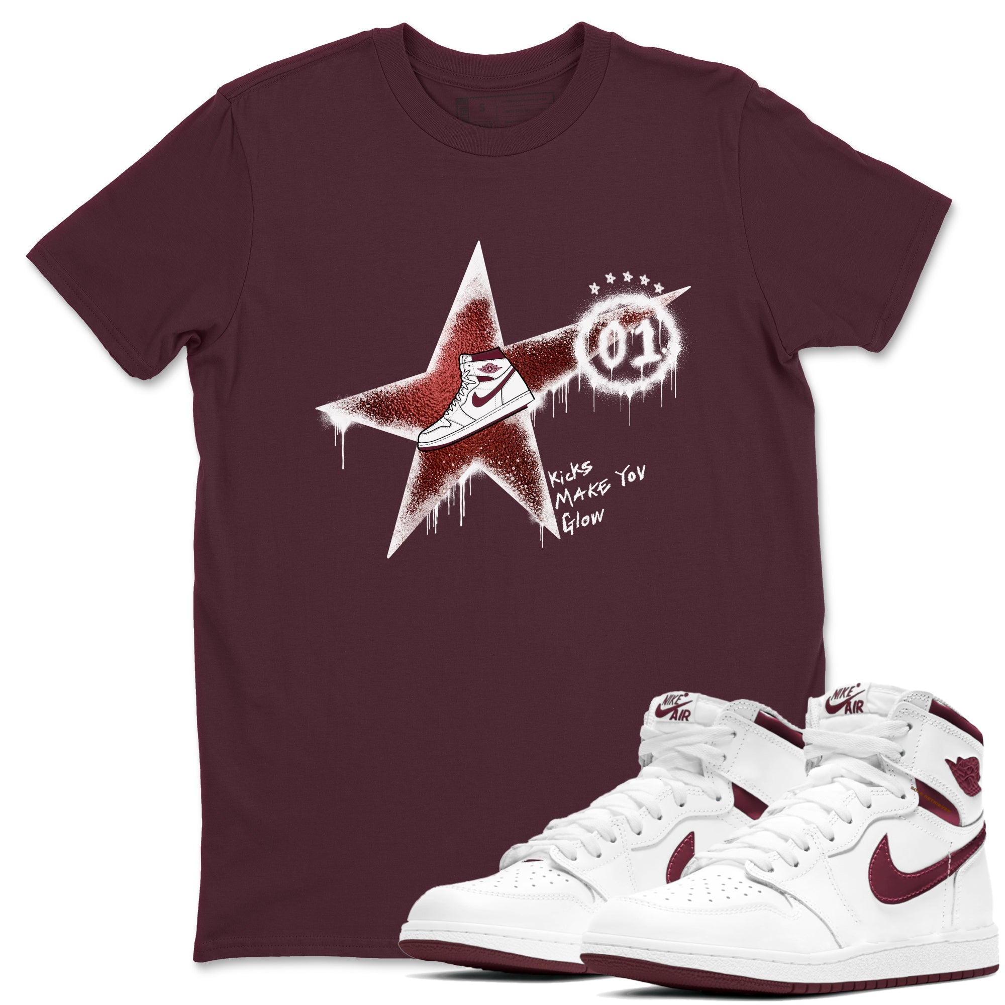 AJ1 High '85 Metallic Burgundy shirts to match jordans Kicks Make You Glow sneaker match tees 1s High '85 Metallic Burgundy Drip Gear Zone streetwear brand Maroon 1 unisex cotton tee