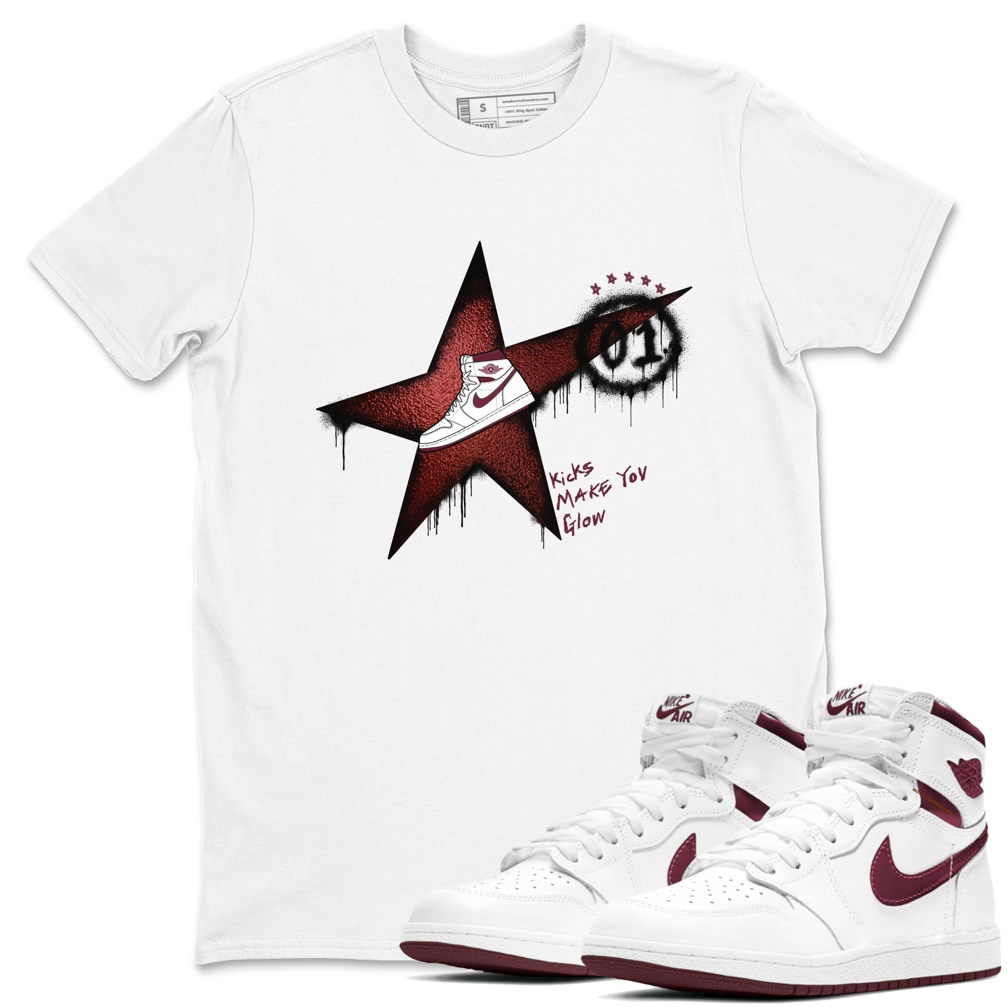 AJ1 High '85 Metallic Burgundy shirts to match jordans Kicks Make You Glow sneaker match tees 1s High '85 Metallic Burgundy Drip Gear Zone streetwear brand White 1 unisex cotton tee