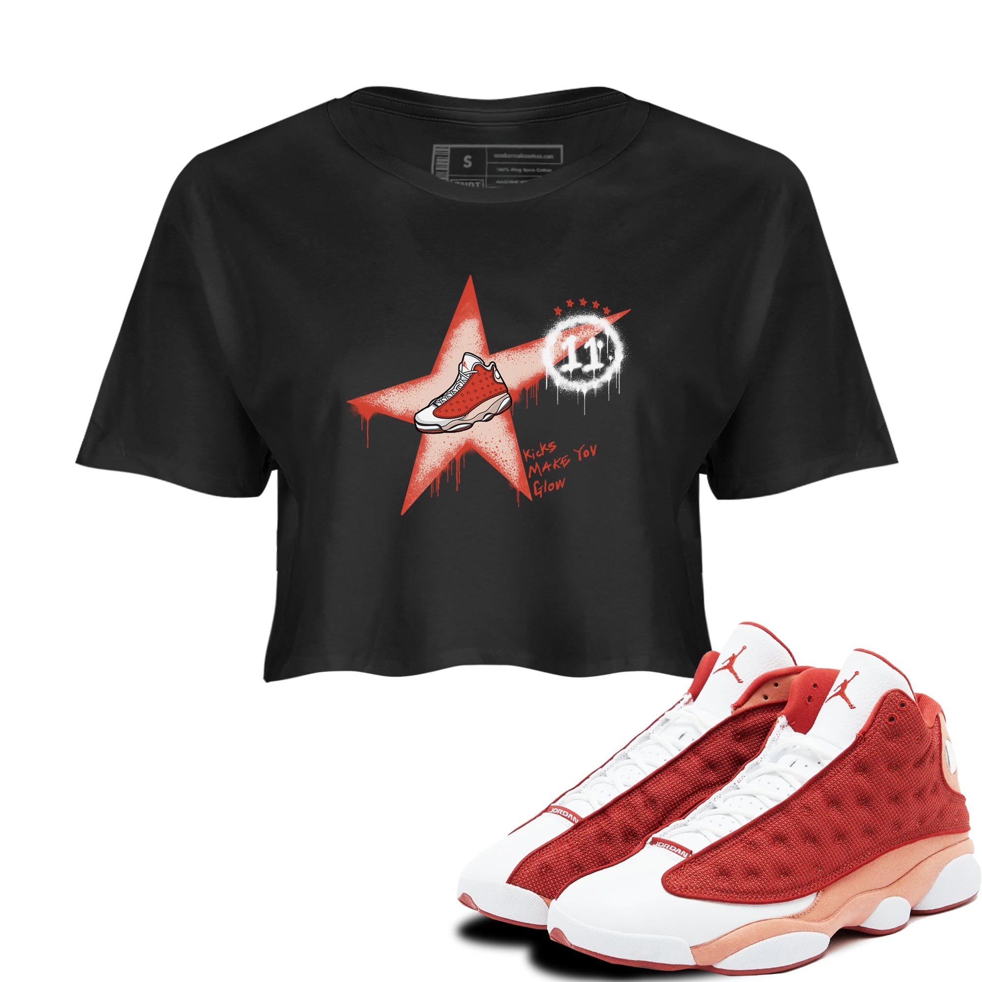 13s Dune Red shirts to match jordans Kicks Make You Glow sneaker match tees Air Jordan 13 Dune Red Drip Gear Zone streetwear brand Black 1 crop tee