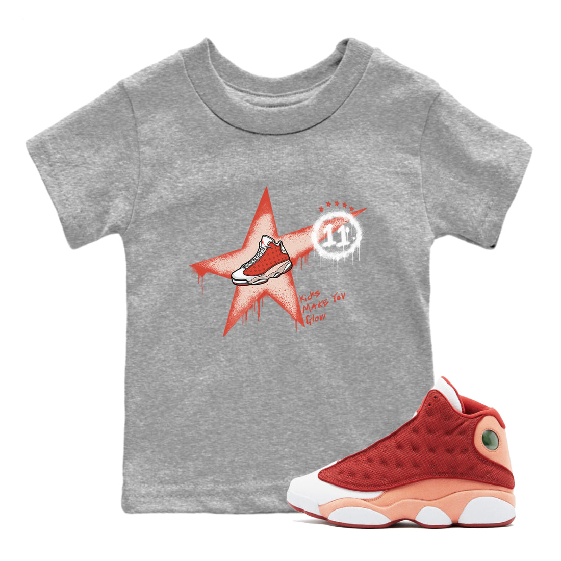 13s Dune Red shirts to match jordans Kicks Make You Glow sneaker match tees Air Jordan 13 Dune Red Drip Gear Zone streetwear brand Baby and Youth Heather Grey 1 cotton tee