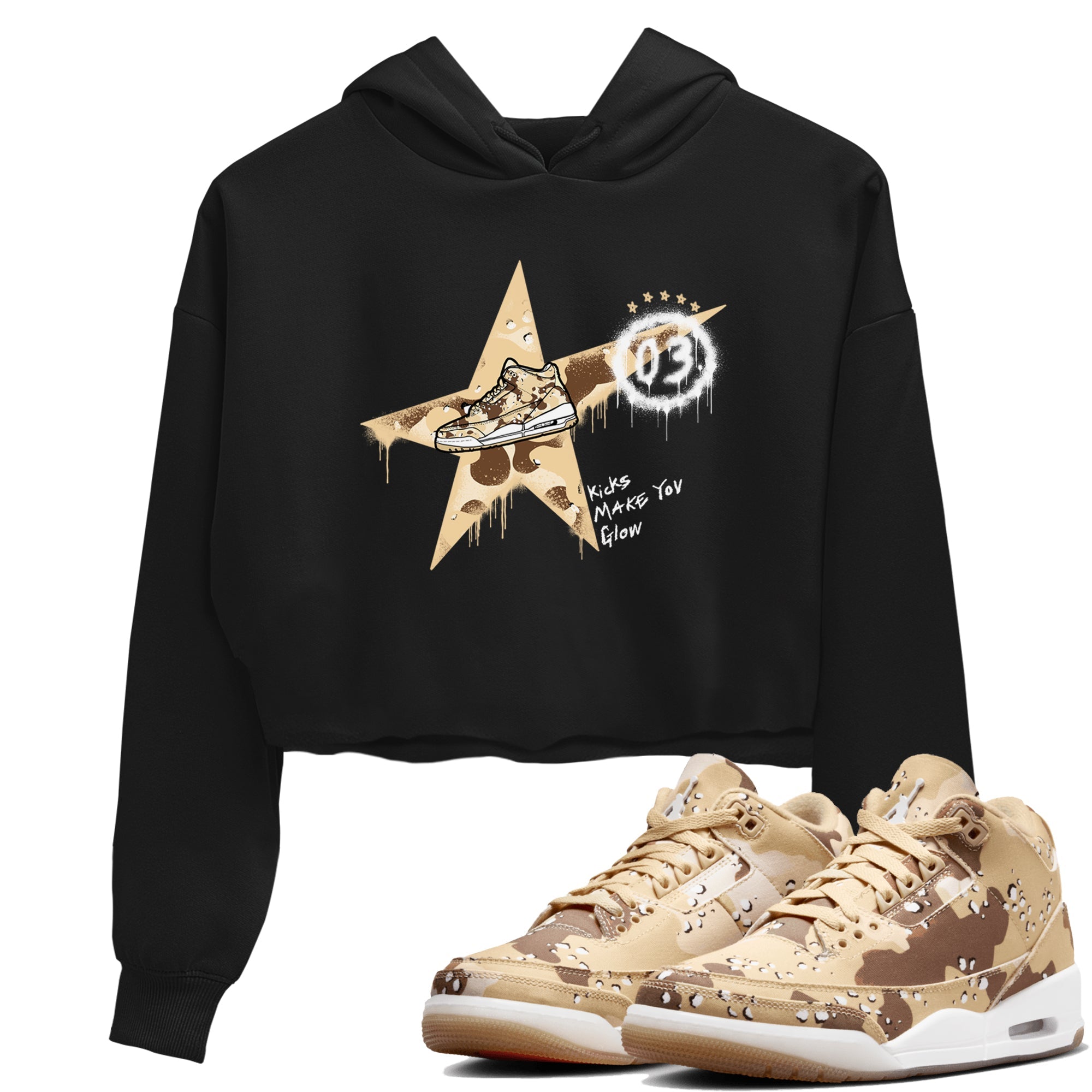 AJ3 Desert Camo shirts to match jordans Kicks Make You Glow sneaker match tees Air Jordan 3 Desert Camo Drip Gear Zone streetwear brand Black 1 crop tee