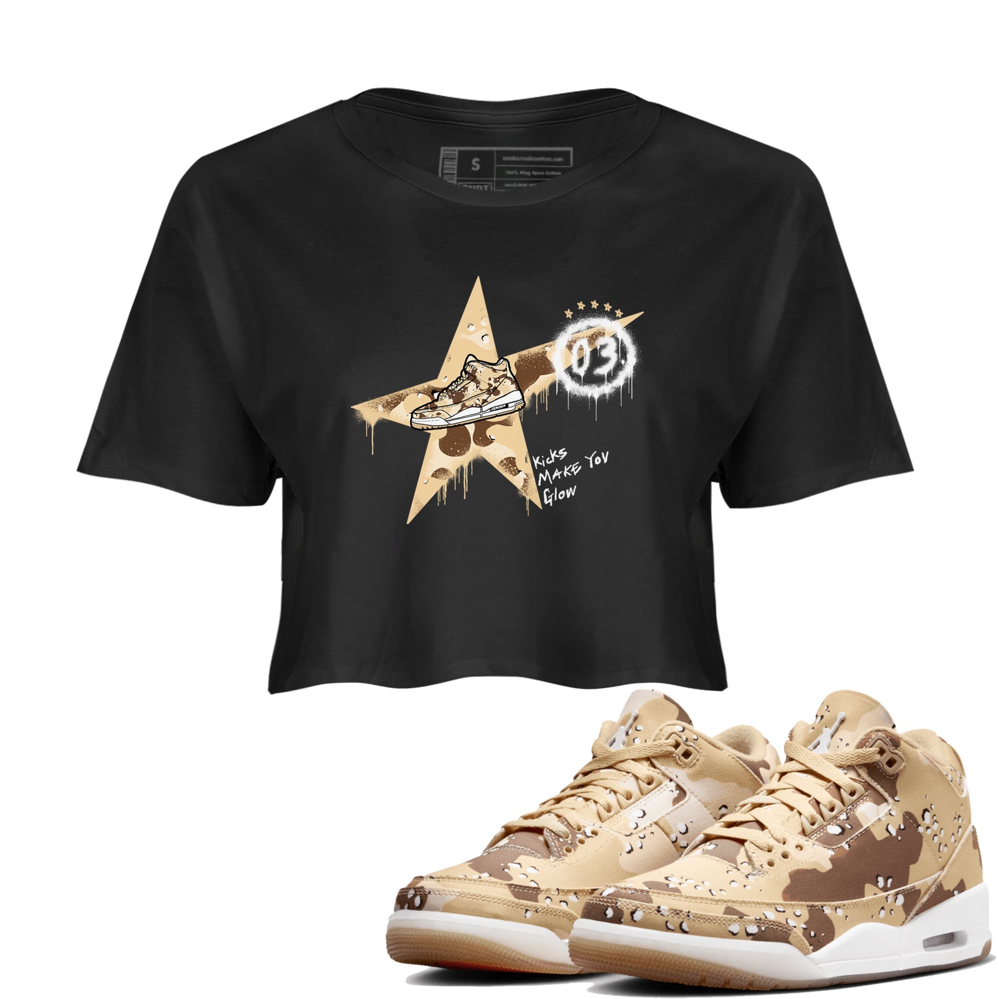 AJ3 Desert Camo shirts to match jordans Kicks Make You Glow sneaker match tees Air Jordan 3 Desert Camo Drip Gear Zone streetwear brand Black 1 crop tee