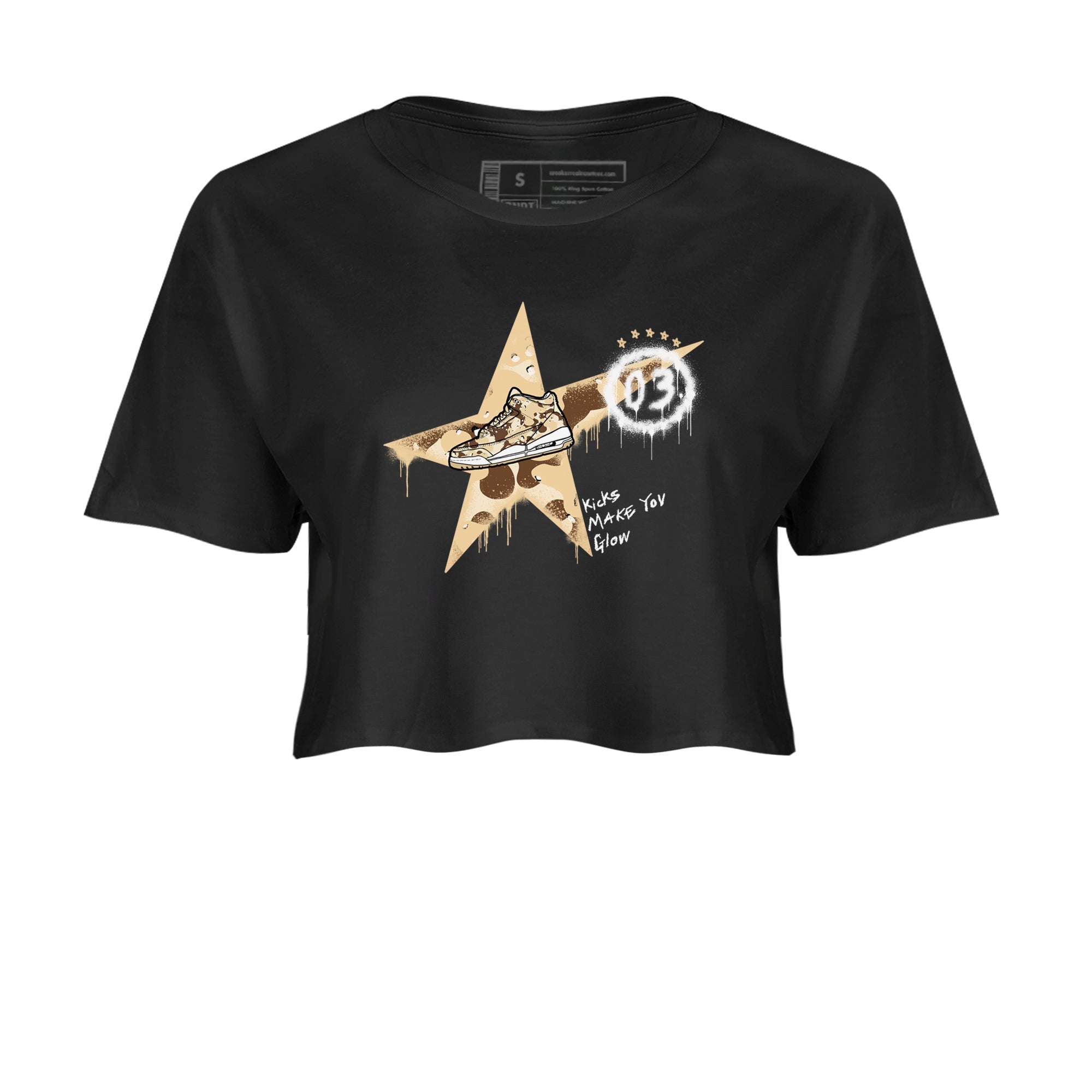 AJ3 Desert Camo shirts to match jordans Kicks Make You Glow sneaker match tees Air Jordan 3 Desert Camo Drip Gear Zone streetwear brand Black 2 crop tee