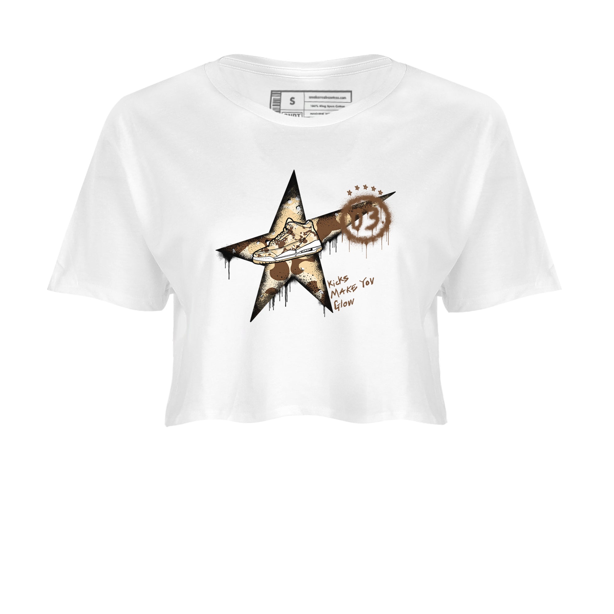 AJ3 Desert Camo shirts to match jordans Kicks Make You Glow sneaker match tees Air Jordan 3 Desert Camo Drip Gear Zone streetwear brand White 2 crop tee